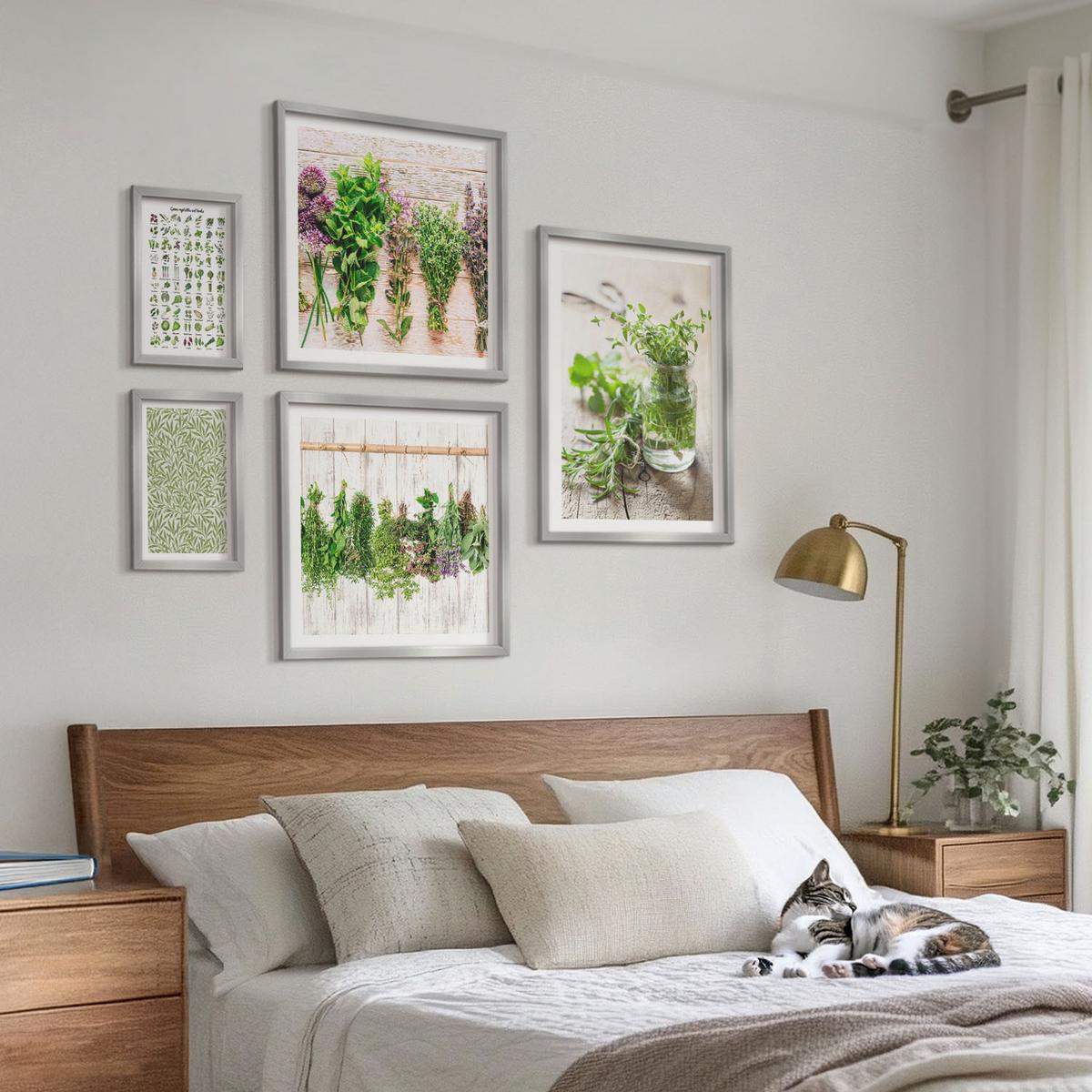 BILDER SET 5er Set - 50x50 cm & 20x30 cm & 40x60 cm Silberner Rahmen - Getrocknete Kräuter für die Küche - Silberfarben, Kunststoff (40/60cm) - TULUP