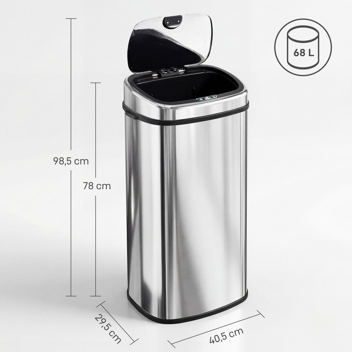 AUTOMATIK Mülleimer Abfalleimer mit Sensor Küche Edelstahl viereckig 68L - Silberfarben, Metall (29.5/78/40.5cm) - HOMCOM