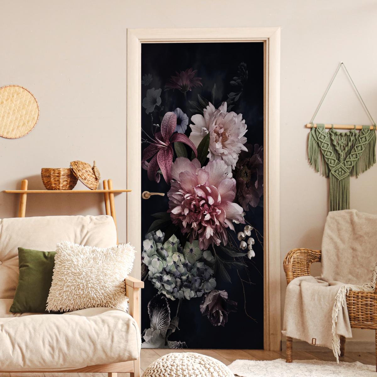 TÜRAUFKLEBER Selbstklebend - Blumen - Vintage - Pastell - Rosa - Weiß 95x215 cm - Türtapete - Altrosa, Kunststoff (95/215cm) - MuchoWow