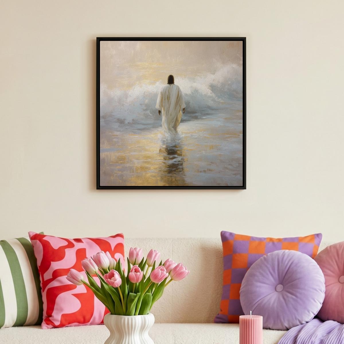 LEINWAND Bilder mit Rahmen - Gemälde - Welle - Jesus - Abstrakt - 50x50 - Goldfarben, Textil (50/50cm) - MuchoWow