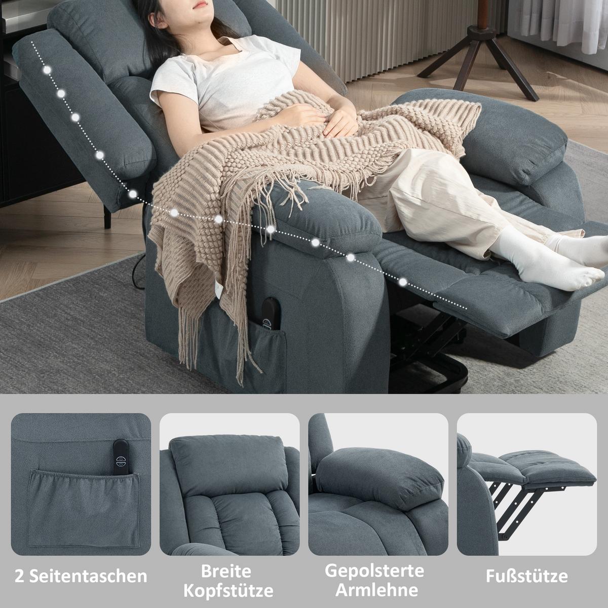 FERNSEHSESSEL mit Aufstehhilfe Elektrisch Liegefunktion Samt - Schwarz/Grau, Textil/Metall (92/105/94cm) - HOMCOM