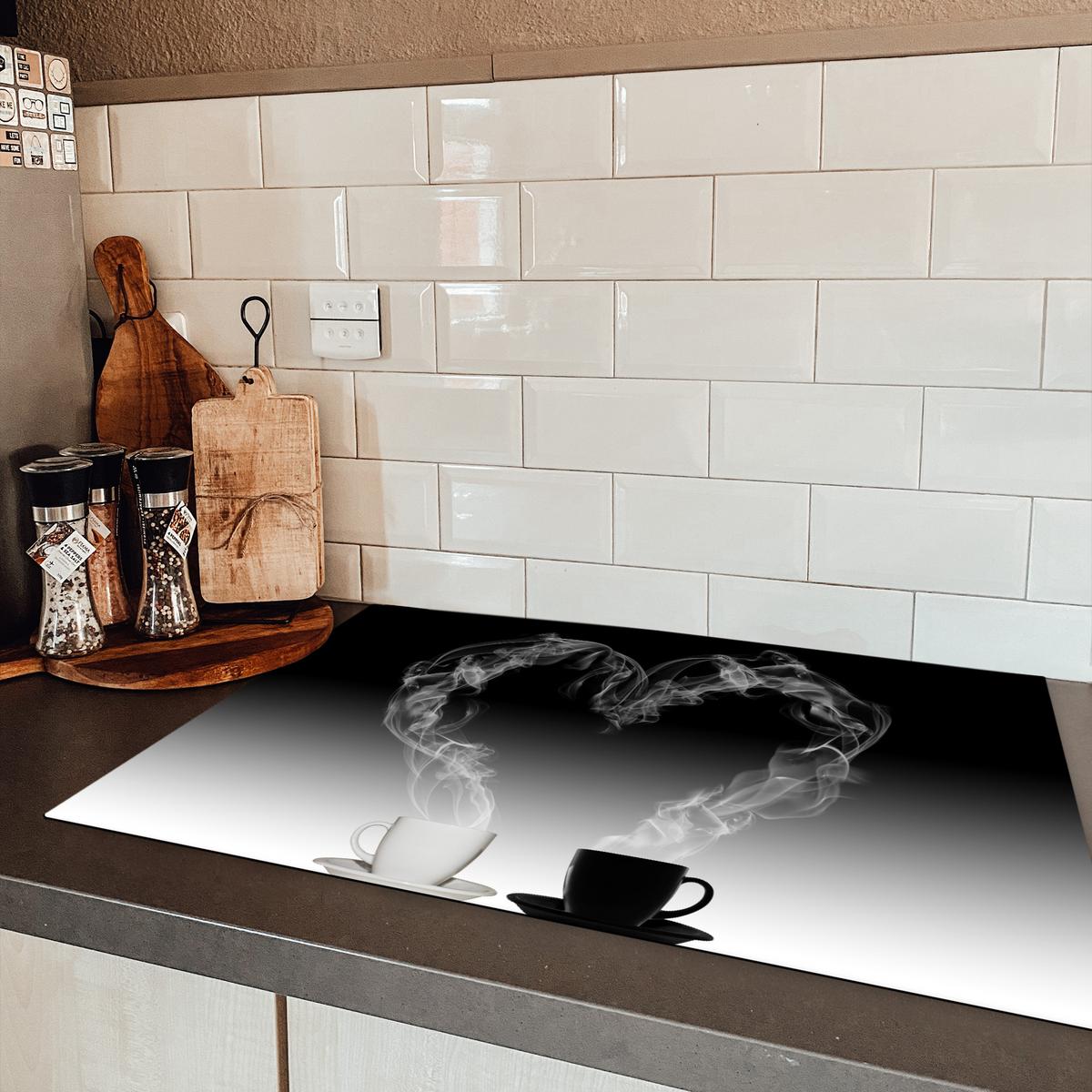 HERDABDECKPLATTE Kaffee - Herz - Schwarz und weiß - Tassen Induktionsschutz 80x52.2 cm - Weiß, Kunststoff (80.2/52.2/0.2cm) - MuchoWow