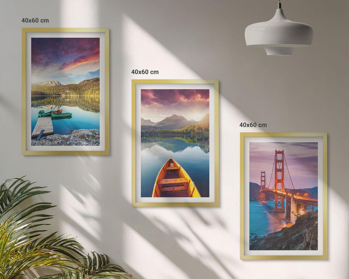 BILDER SET 3er Set - 40x60 cm Goldrahmen - Bergblick auf den See und die Brücken - Goldfarben, Kunststoff (40/60cm) - TULUP
