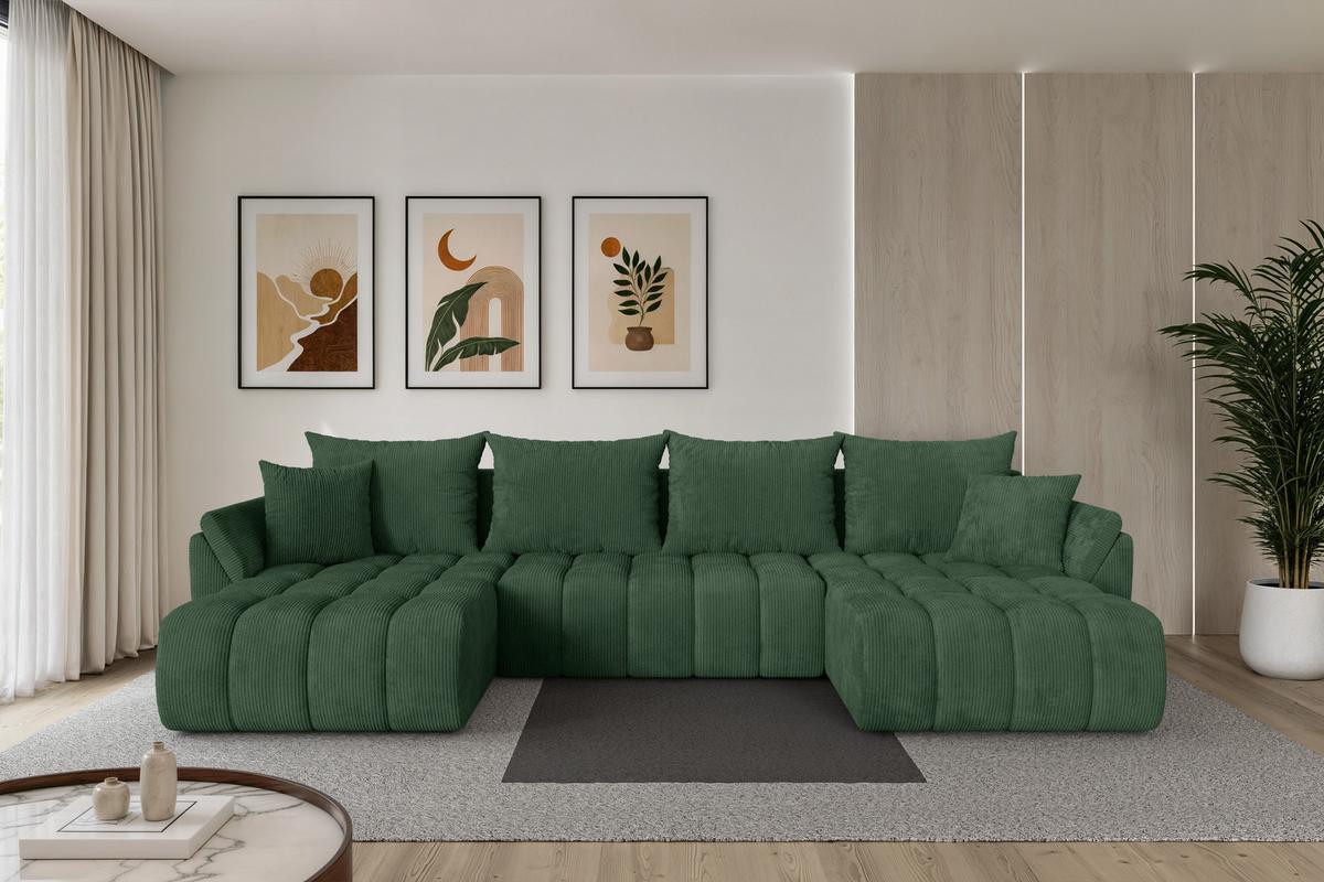 WOHNLANDSCHAFT mit Schlaffunktion und Bettkasten TOKO-U-v1 378x194x86 Grün Cord - Dunkelgrün/Schwarz, Holzwerkstoff/Kunststoff (378/86/194cm) - ALTDECOR