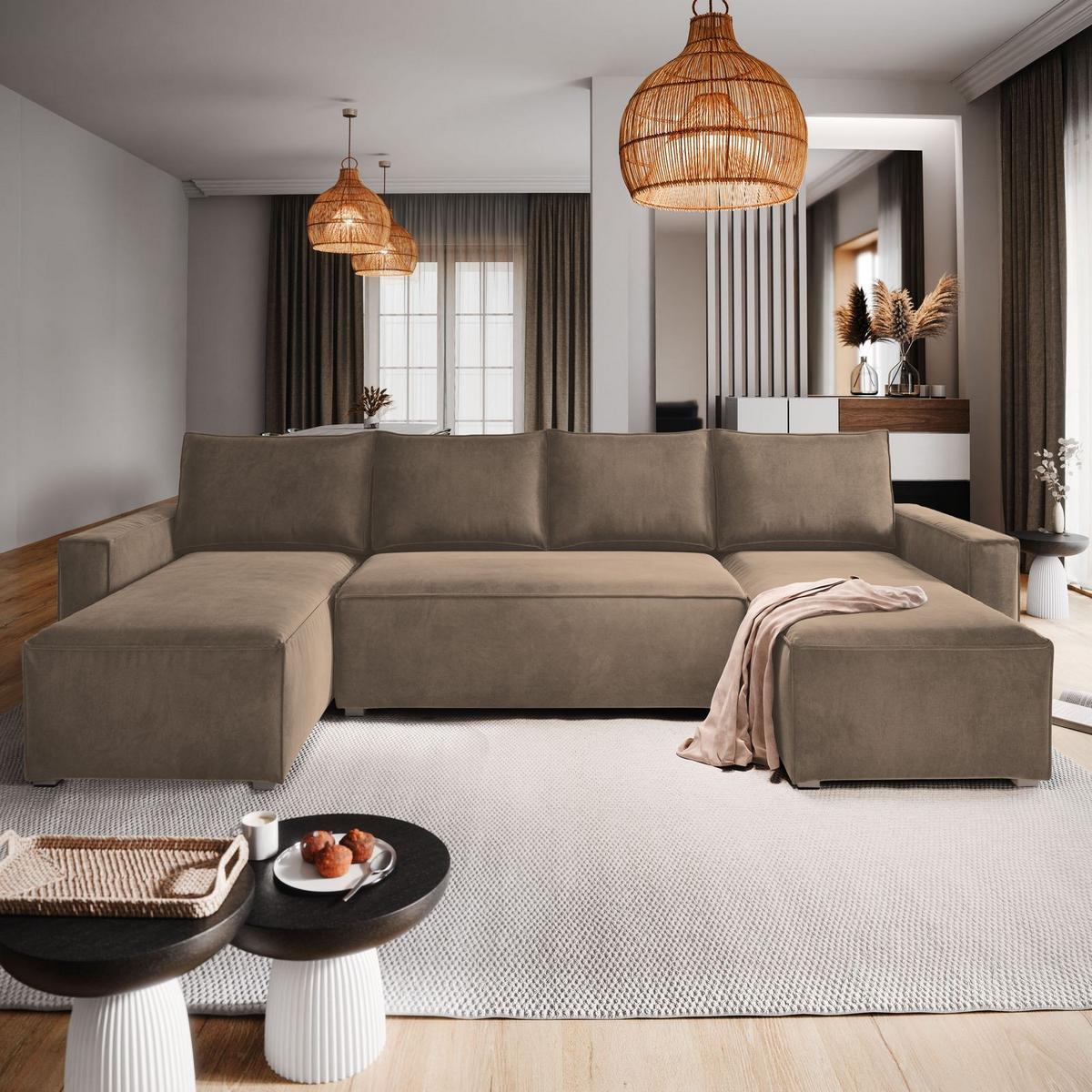 WOHNLANDSCHAFT DENI Beige Velours-Stoff mit Schlaffunktion - Beige/Grau, Holz/Kunststoff (295/85/140cm) - MASSENO