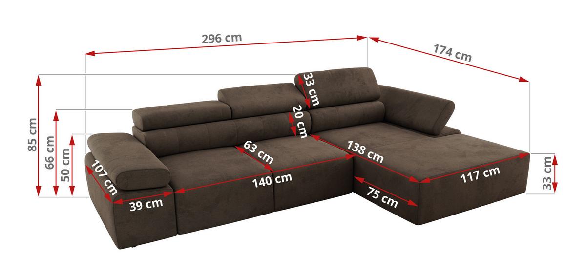 ECKSOFA RILASSO L Braun Velvet - links - Schwarz/Braun, Kunststoff/Textil (296/174cm) - MKS