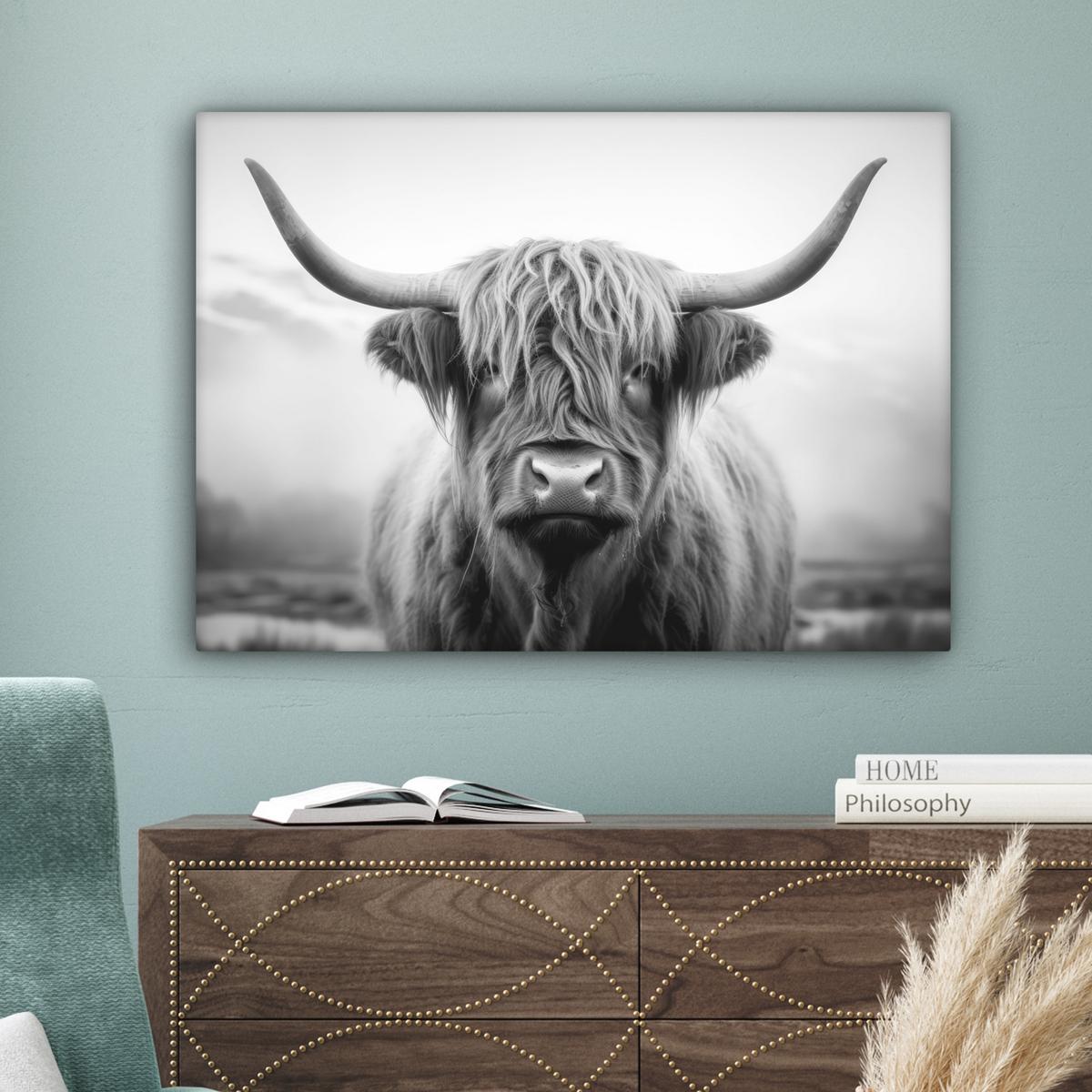 LEINWANDBILD Schottischer Highlander - Nebel - Schwarz - Weiß Wandbilder 80x60 cm - Grau, Textil (80/60cm) - MuchoWow