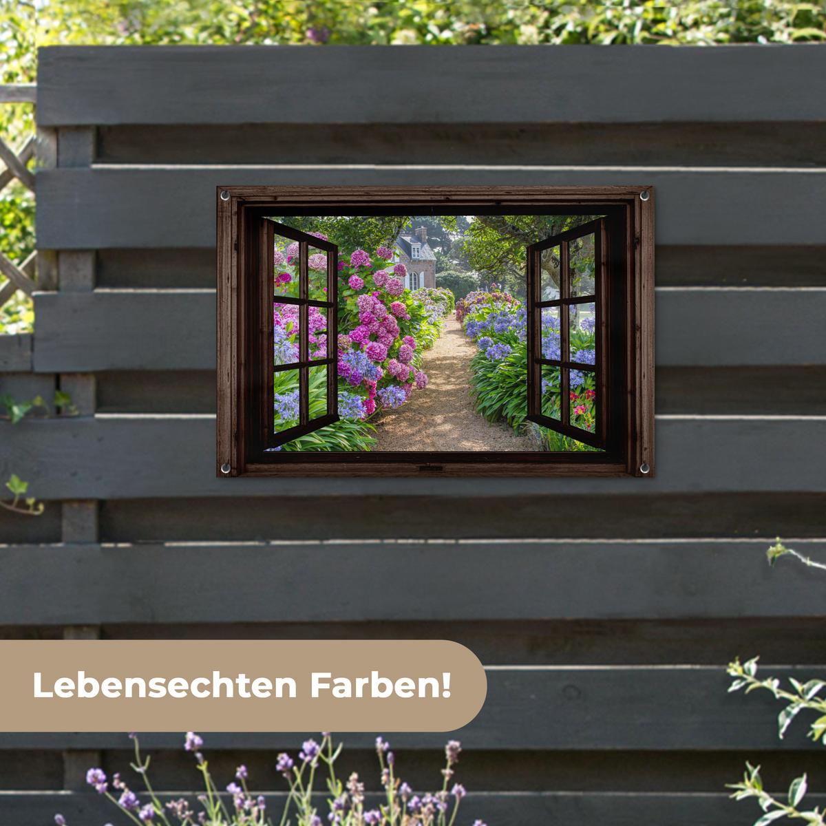 GARTENPOSTER Hortensie - Durchsichtig - Blumen - Lila - Natur - Dunkelbraunes Fenster Gartendeko 90x60 cm - Dunkelbraun, Kunststoff (90/60/0.2cm) - OnlyWow