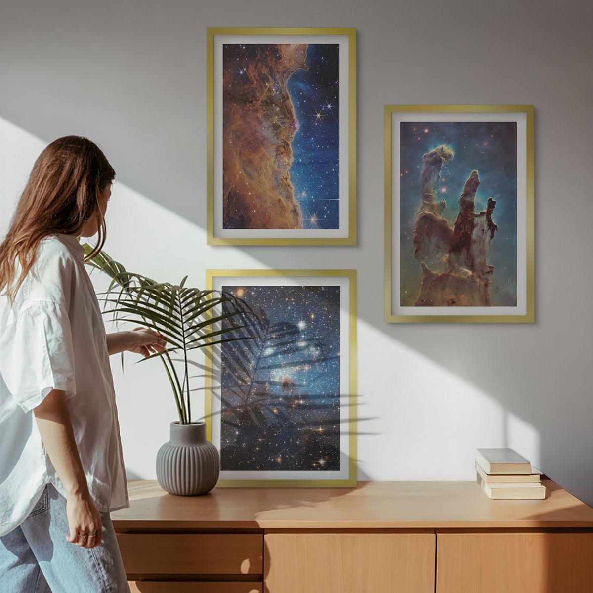 BILDER SET 3er Set - 40x60 cm Goldrahmen - Weltraumlandschaften von Galaxien - Goldfarben, Kunststoff (40/60cm) - TULUP