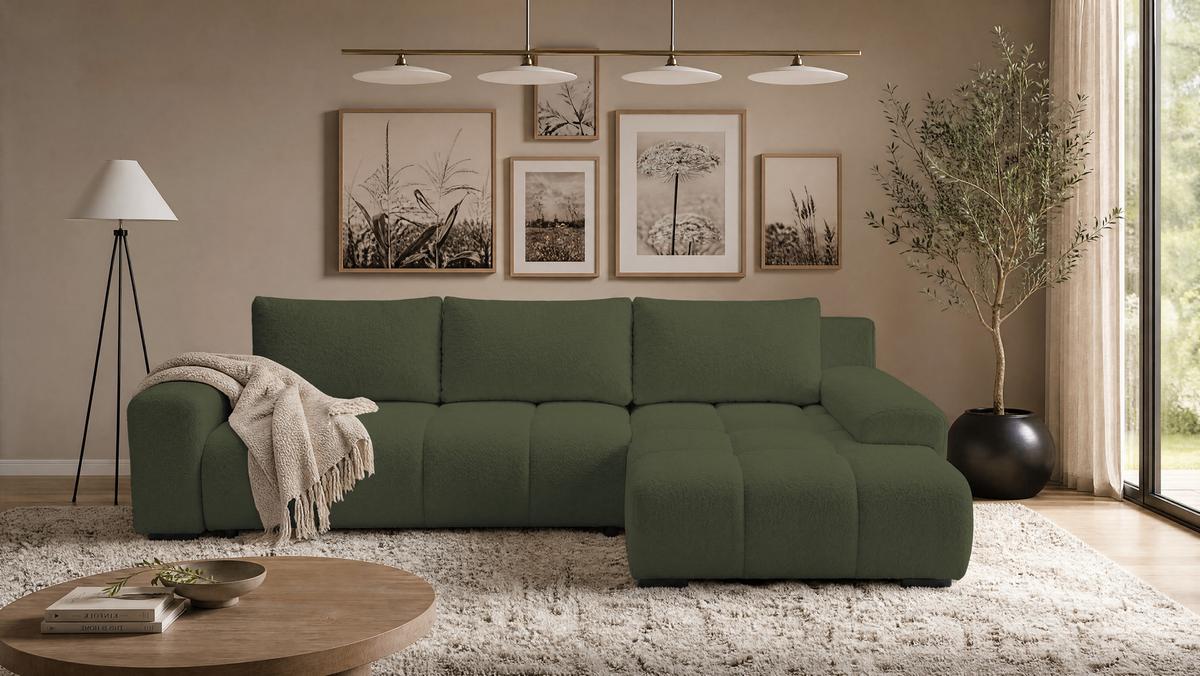 ECKSOFA Ovia mit Bettkasten und Schlaffunktion, Bouclé-Stoff in L-Form - Grün, Textil (270/185cm)