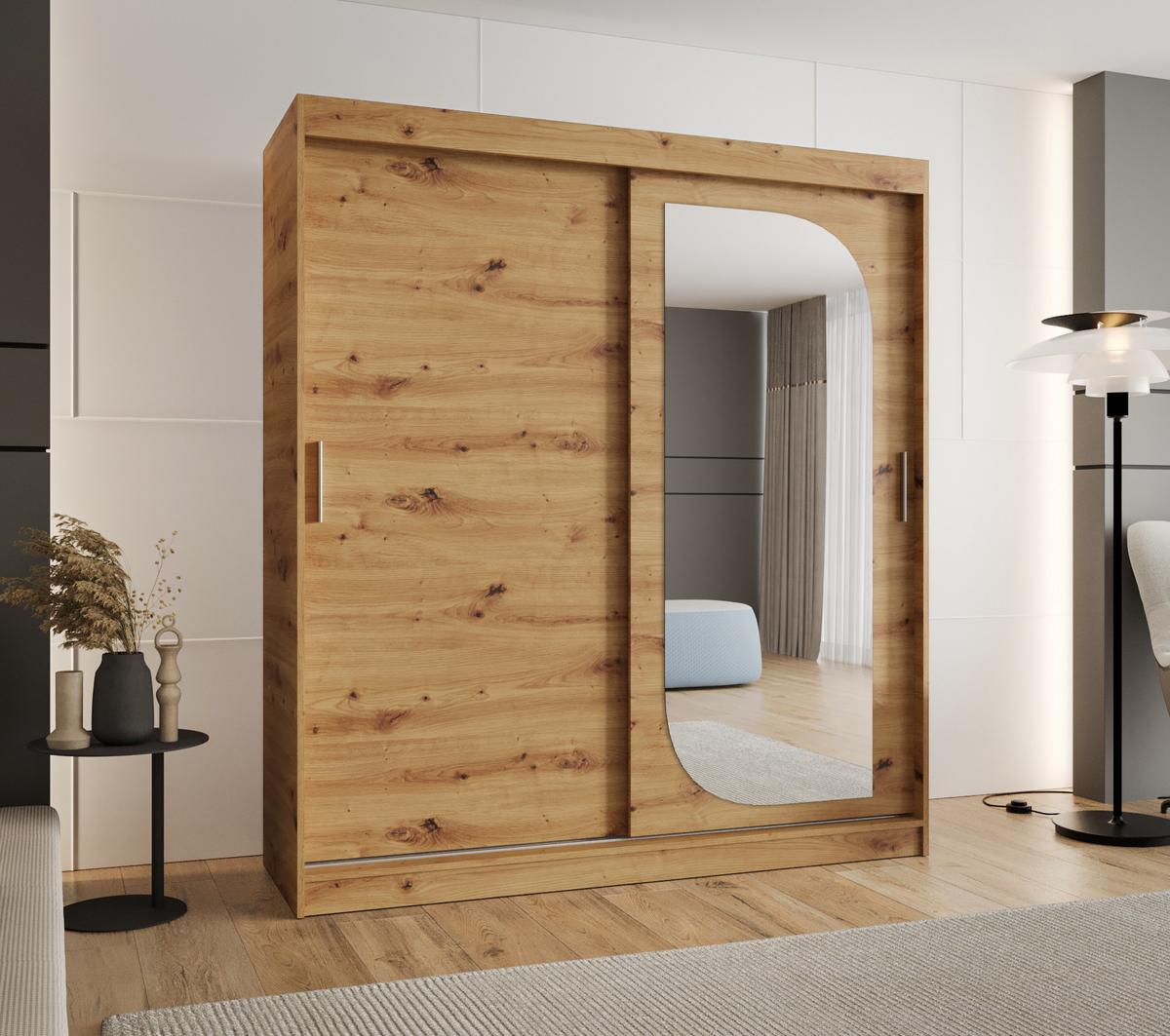 SCHIEBETÜRENSCHRANK mit Spiegel LUCY 200/180/62 2-türig - Silberfarben/Eiche Artisan, Holz (180/200/62cm) - MÖBEL KRYSPOL