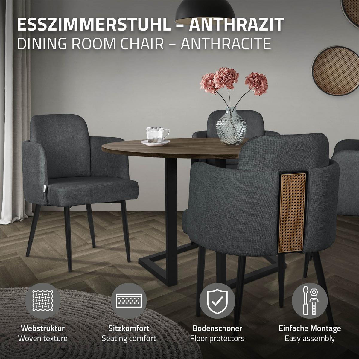 ESSZIMMERSTÜHLE 2er Set Anthrazit mit Stoffbezug Rattan Optik - Anthrazit/Schwarz, Textil/Metall (59/86/59cm) - ML-DESIGN