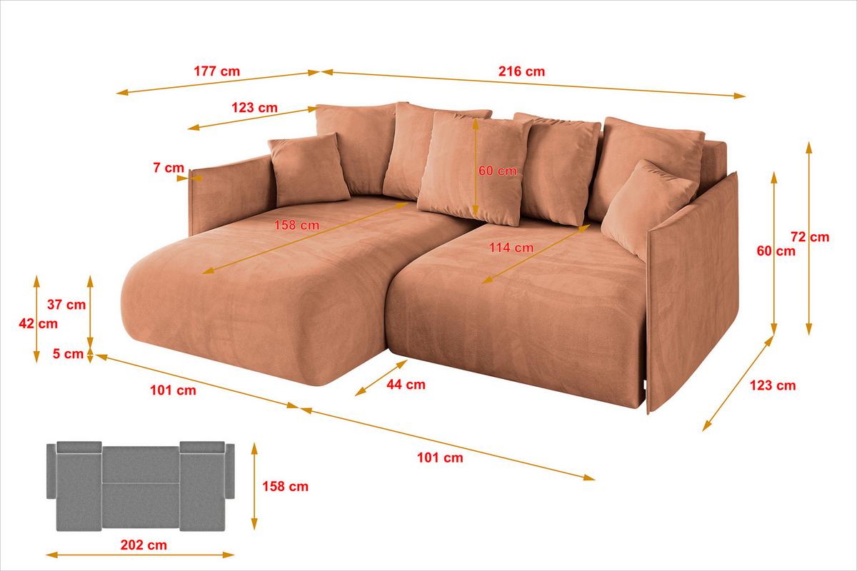 ECKSOFA Ottomane links ONESK-L 216x177x72 Koralle Velours - Koralle, Holzwerkstoff/Kunststoff (216/177cm) - ALTDECOR