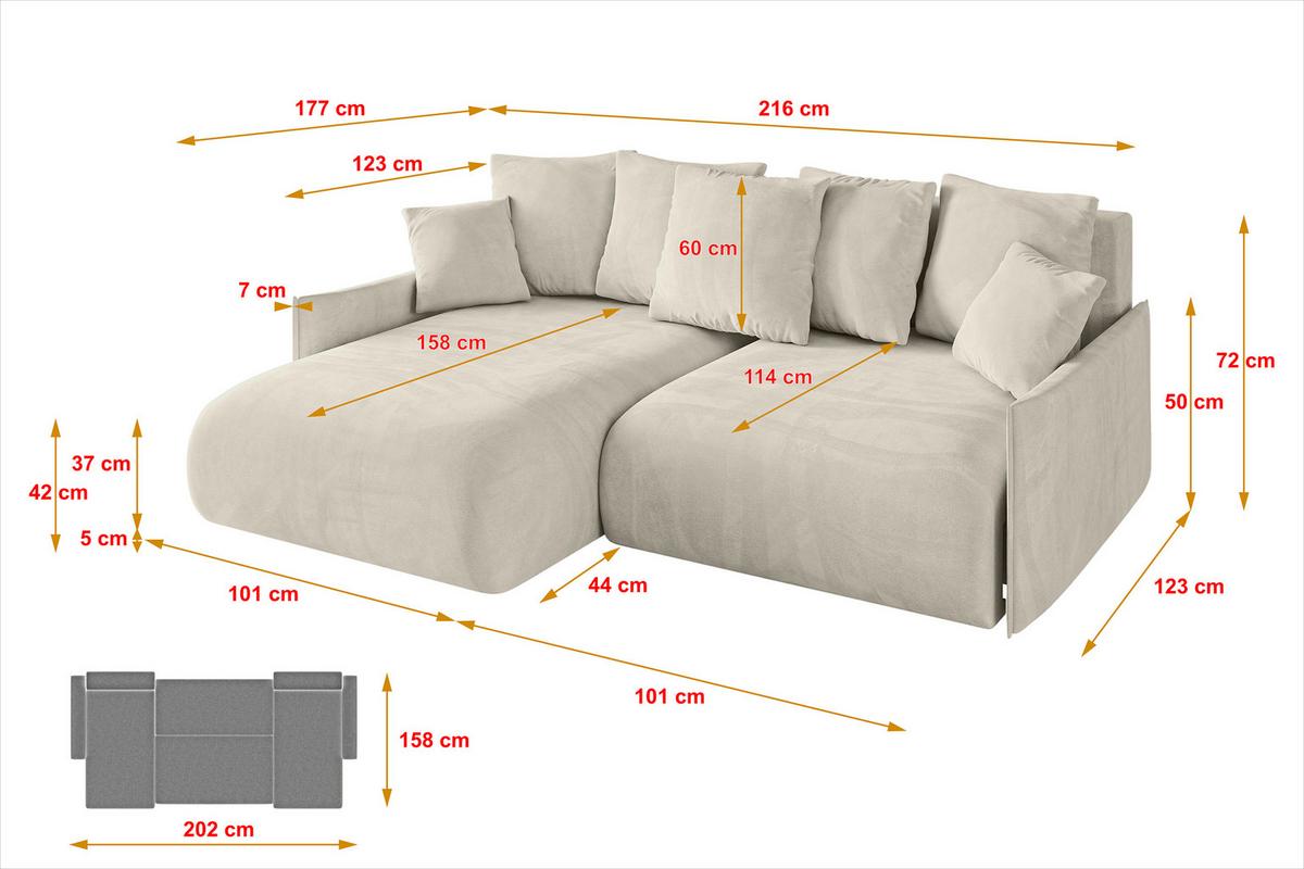 ECKSOFA Ottomane links ONESK-L-v1 216x177x72 Ecru Velours - Ecru, Holzwerkstoff/Kunststoff (216/177cm) - ALTDECOR