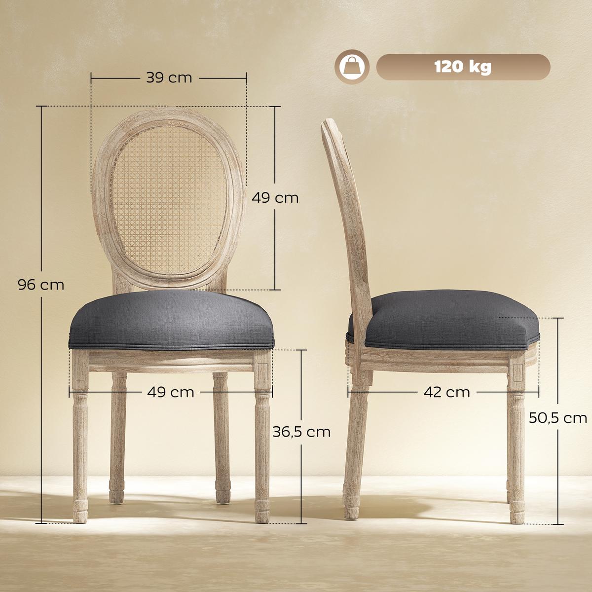 ESSZIMMERSTÜHLE 2er Set Küchenstuhl mit Rattan-Rückenlehne, Leinenoptik Grau - Naturfarben/Grau, Holz/Textil (56/96/49cm) - HOMCOM