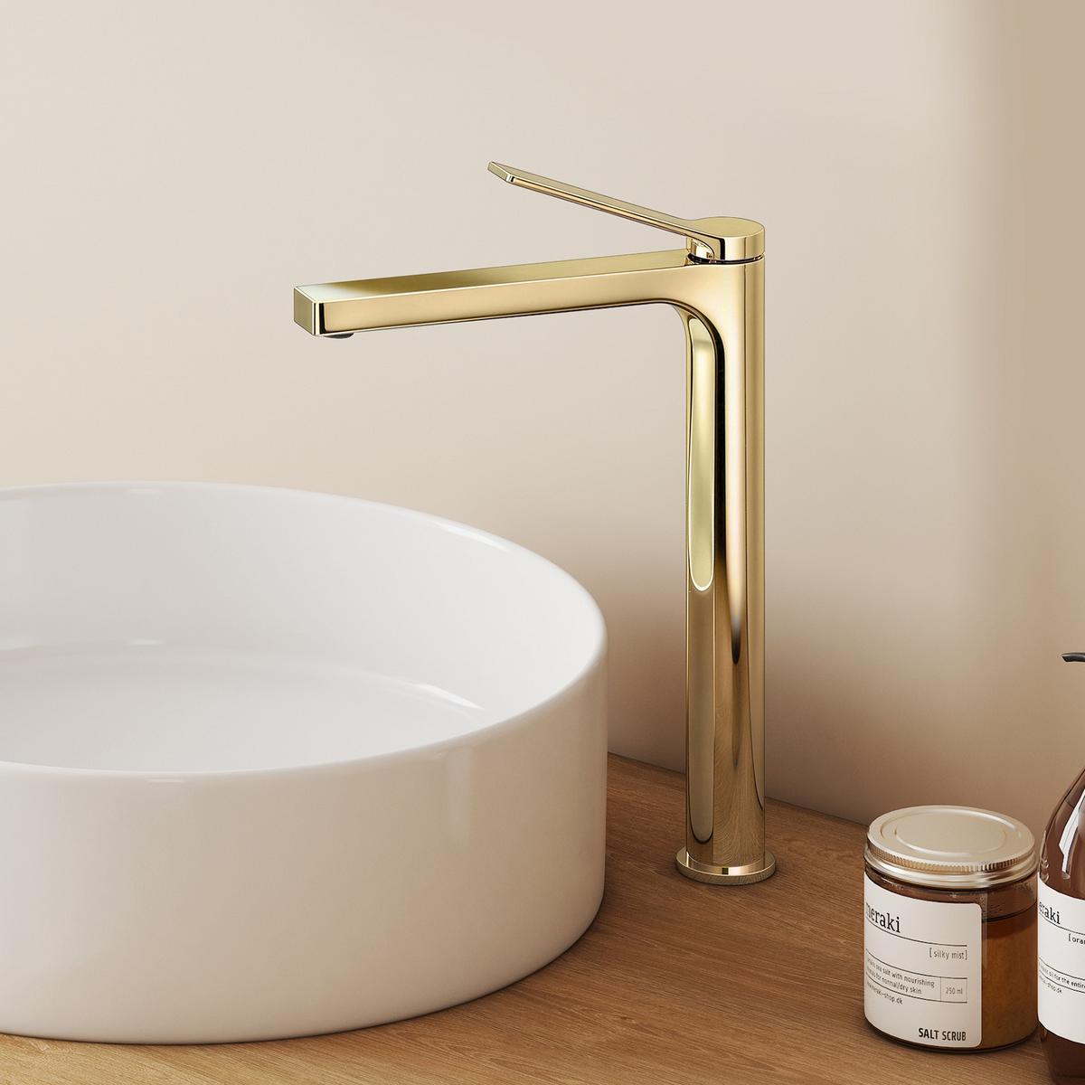 WASCHTISCHARMATUR mit Zertifiziertem Filterelement Champagnergold Hoher Stil - Goldfarben, Metall (23.3/4.6/33.5cm) - EMKE