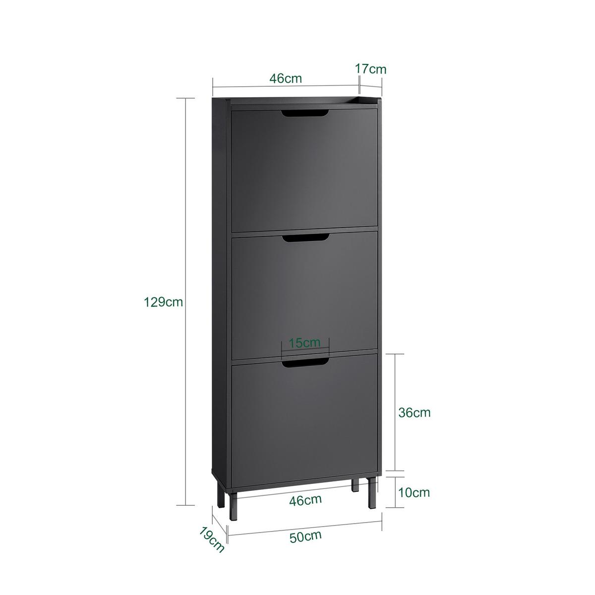 SCHUHSCHRANK mit 3 Klappen, Schwarz 50x129x19cm - Schwarz, Holzwerkstoff/Metall (50/129/19cm) - SoBuy