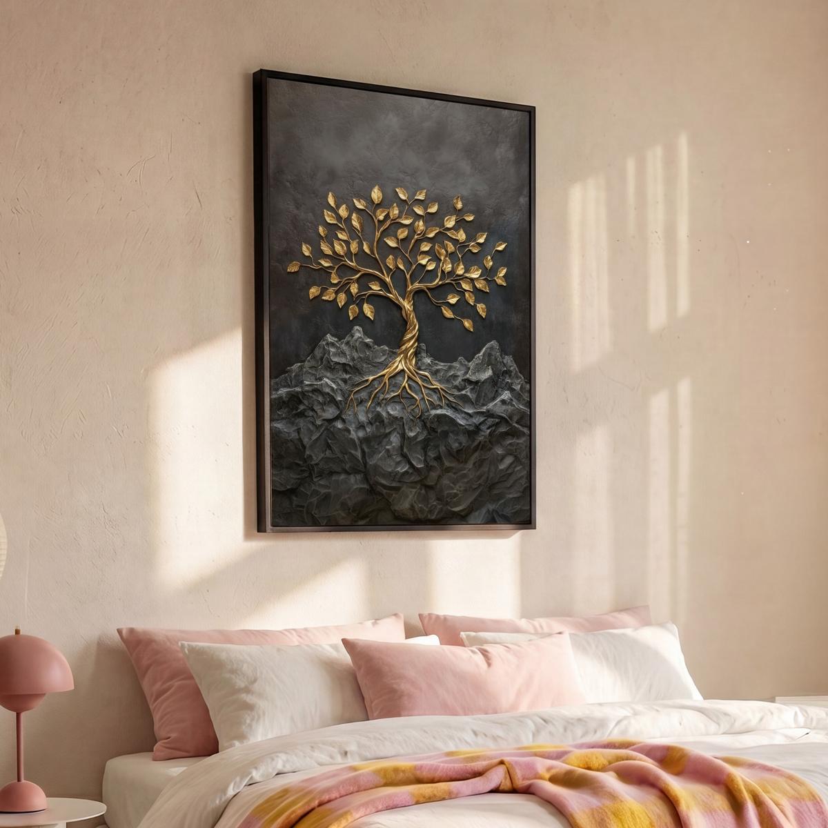 LEINWAND Bilder mit Rahmen - Blätter - Gold - Baum - Fels - 80x120 - Schwarz, Textil (80/120cm) - MuchoWow