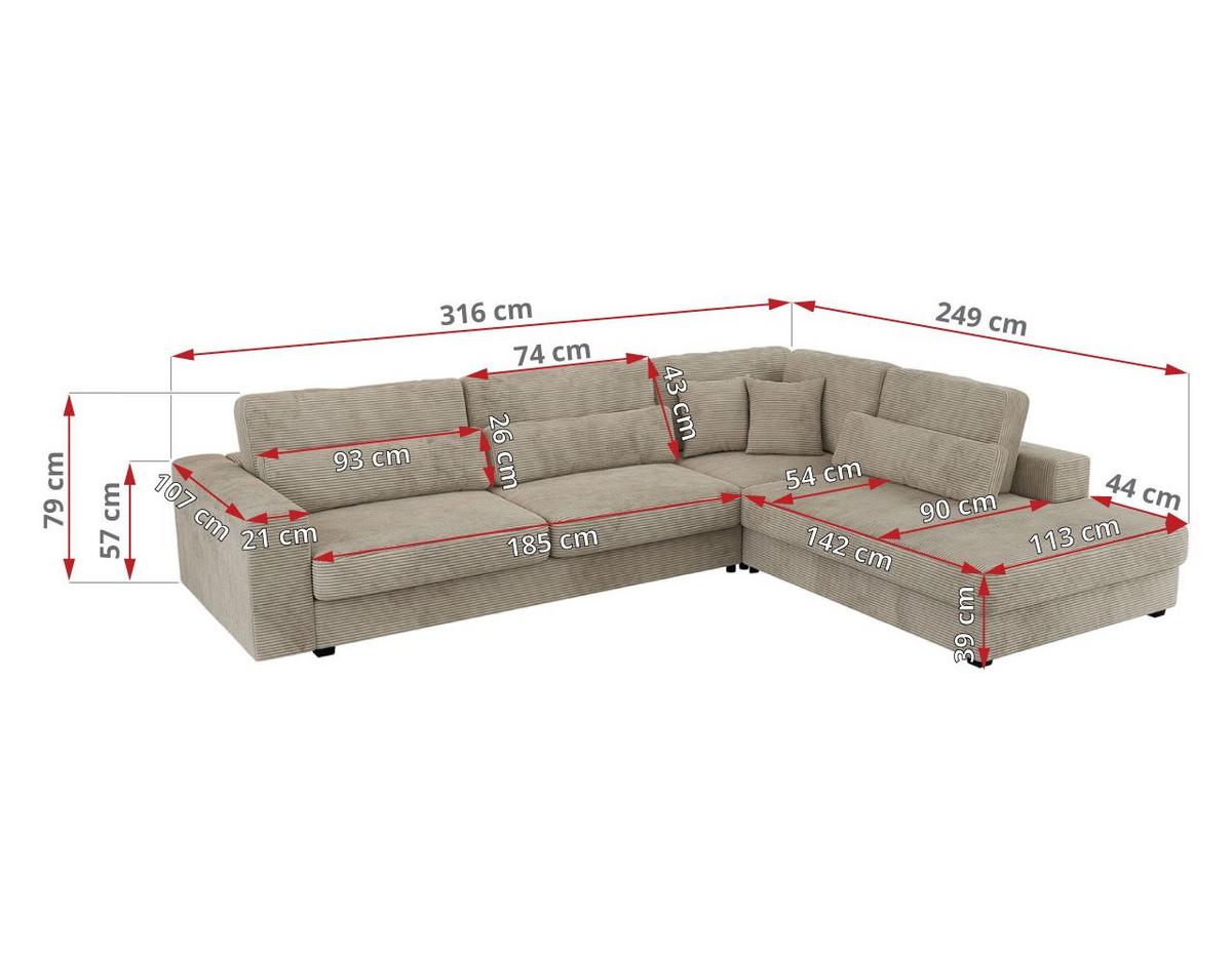 ECKSOFA Savona Hellgrau Cord - rechts - Hellgrau/Schwarz, Kunststoff/Textil (249/316cm) - MKS