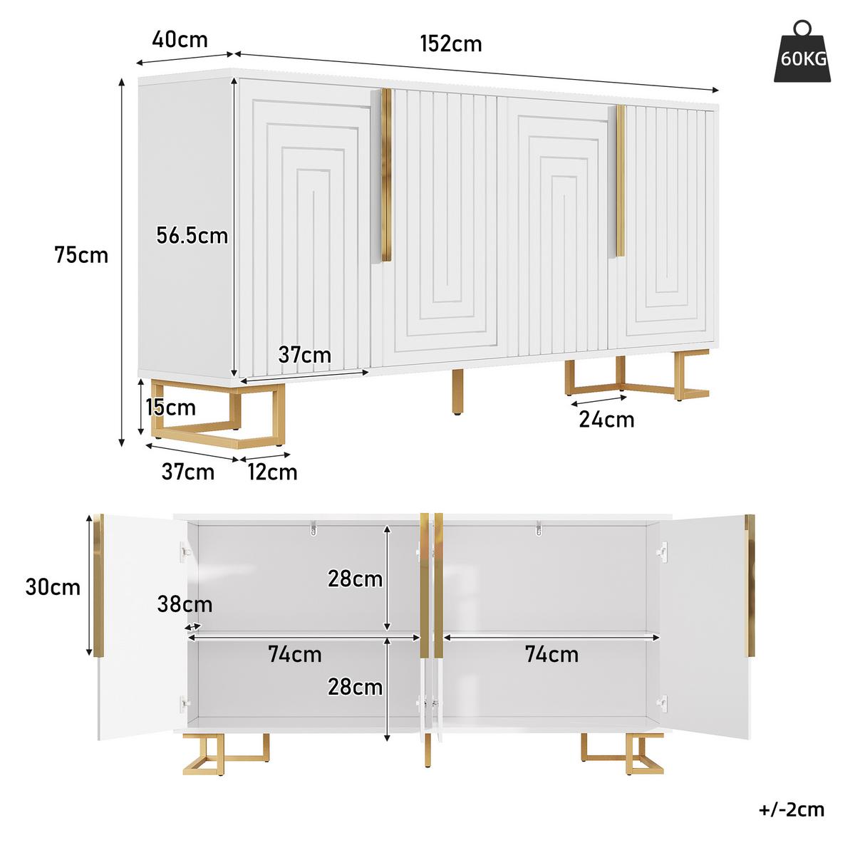 SIDEBOARD mit 3 Türen und Goldenen Akzenten Weiß - Weiß, Holzwerkstoff/Metall (152/75/40cm) - Urban Meuble