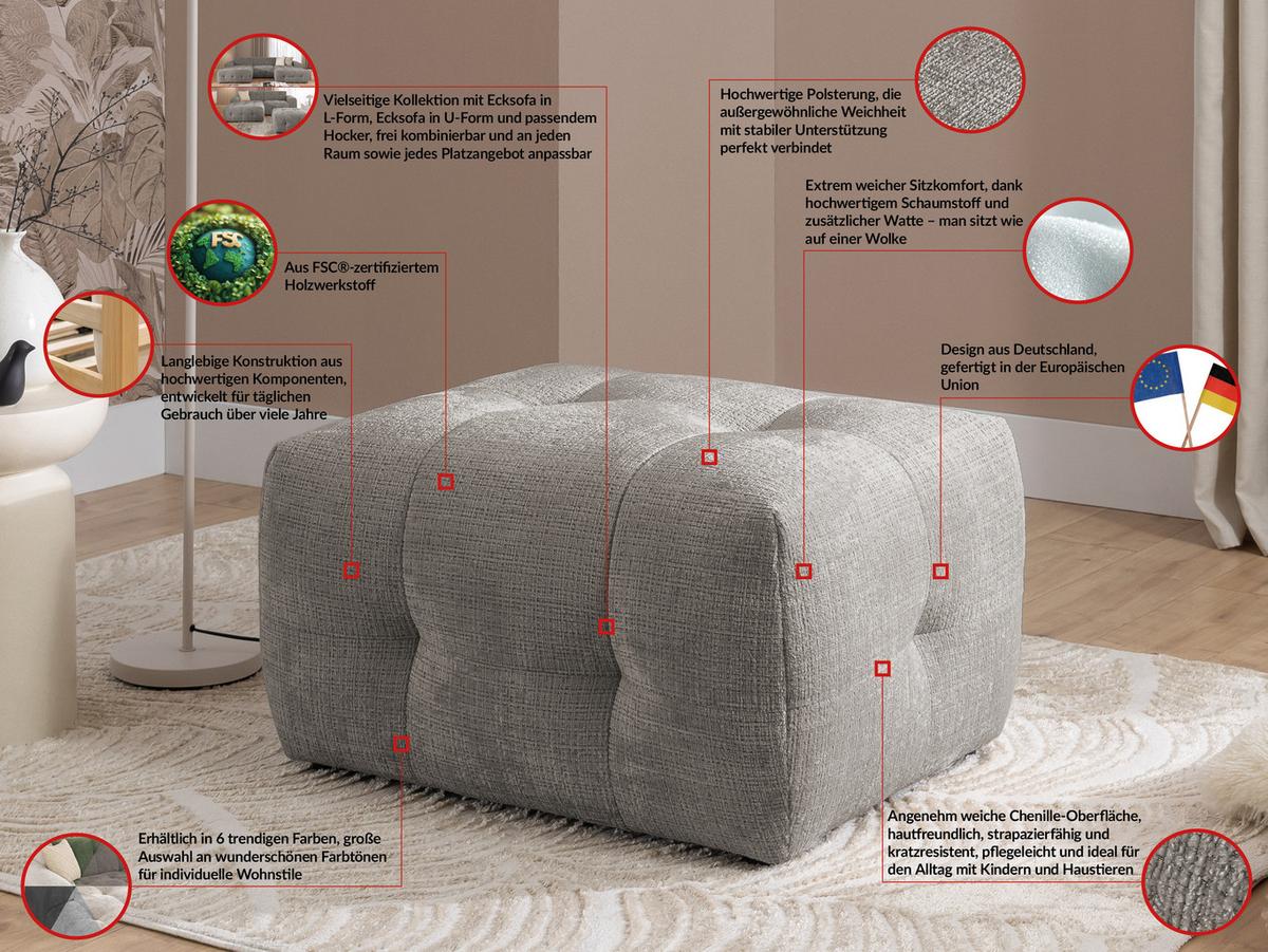 POLSTERHOCKER Kozy im Bumpy-Design aus weichem Taupe Chenille-Stoff - Taupe/Schwarz, Holz/Textil (87/46/68cm) - S-Style Möbel