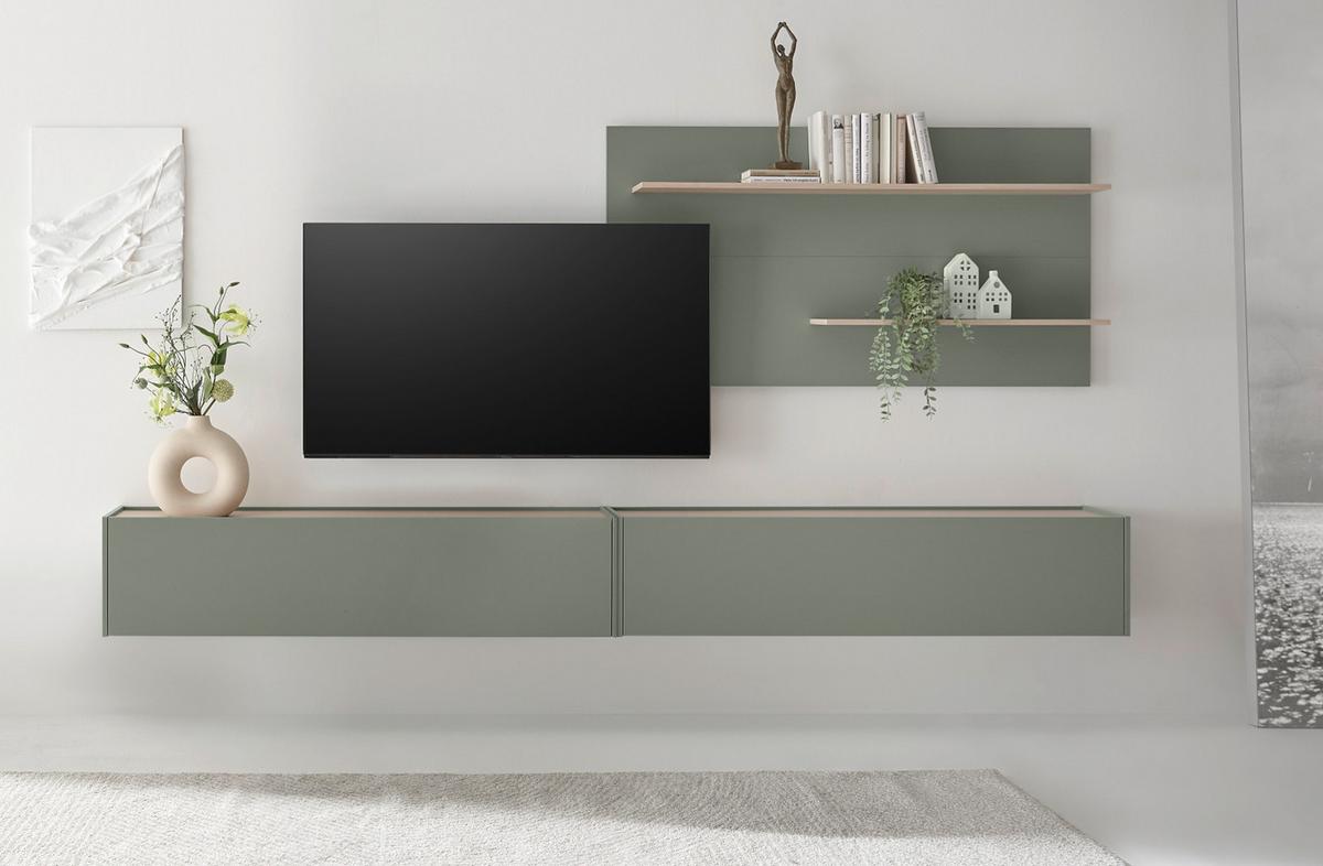WANDPANEEL Salbei grün, Barista Eiche 155 x 80 cm, Wandregal mit 2 Ablagebödem - Salbeigrün/Eichefarben, Holzwerkstoff/Metall (155/80/20cm) - Furn.Design