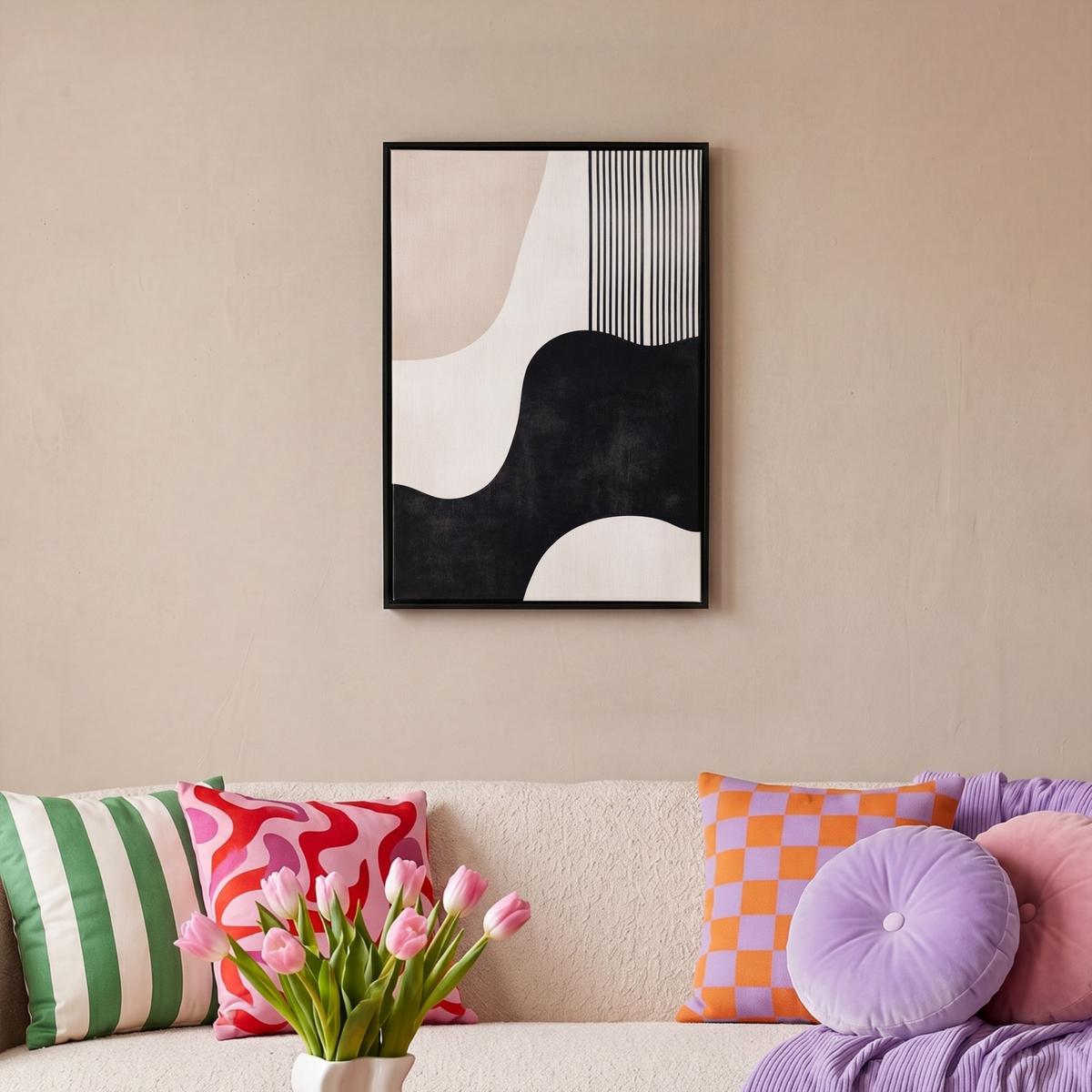 LEINWAND Bilder mit Rahmen - Abstrakt - Japandi - Beige - Modern - 40x60 - Schwarz, Textil (40/60cm) - MuchoWow