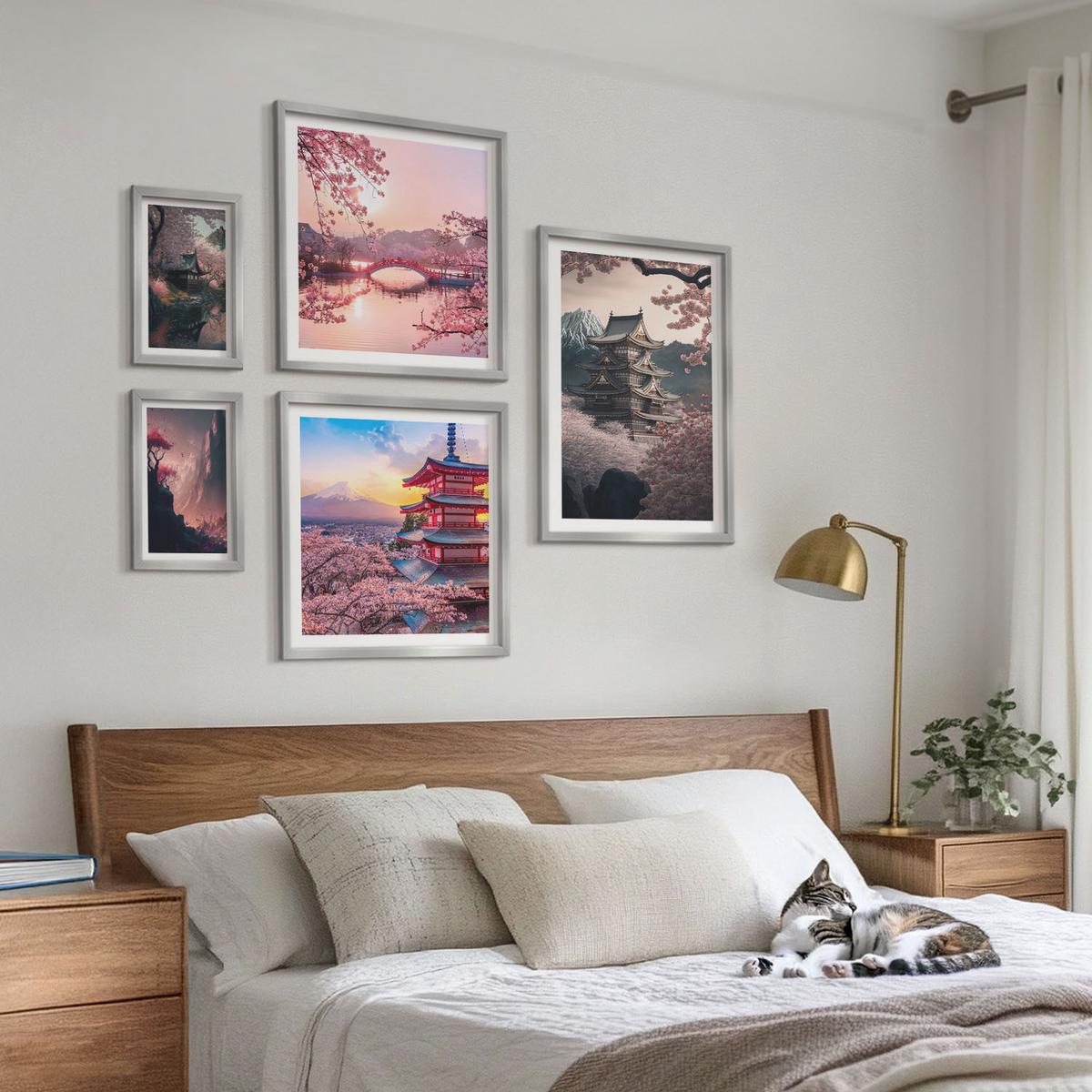 BILDER SET 5er Set - 50x50 cm & 20x30 cm & 40x60 cm Silberner Rahmen - Fantasielandschaften Japans - Silberfarben, Kunststoff (40/60cm) - TULUP