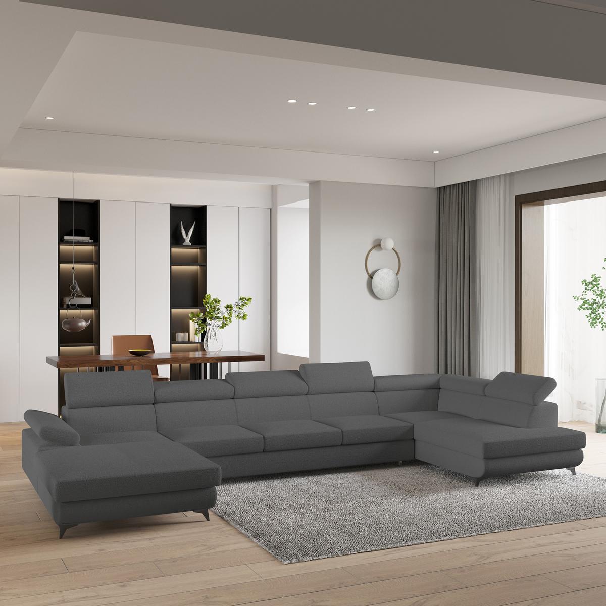 WOHNLANDSCHAFT MONTIVA Grau Boucle-Stoff mit Schlaffunktion - Grau, Holz (410/89/190cm) - MASSENO