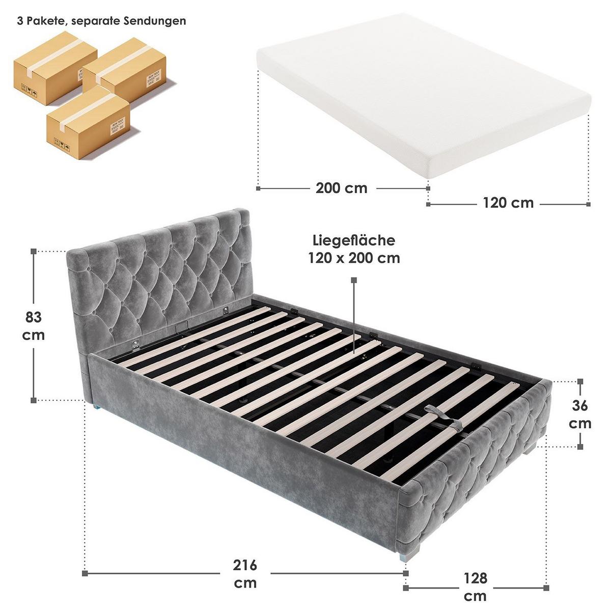 POLSTERBETT Nizza Dunkelgrau 120x200 cm mit Matratze - Dunkelgrau, Holz (120/200cm) - Juskys