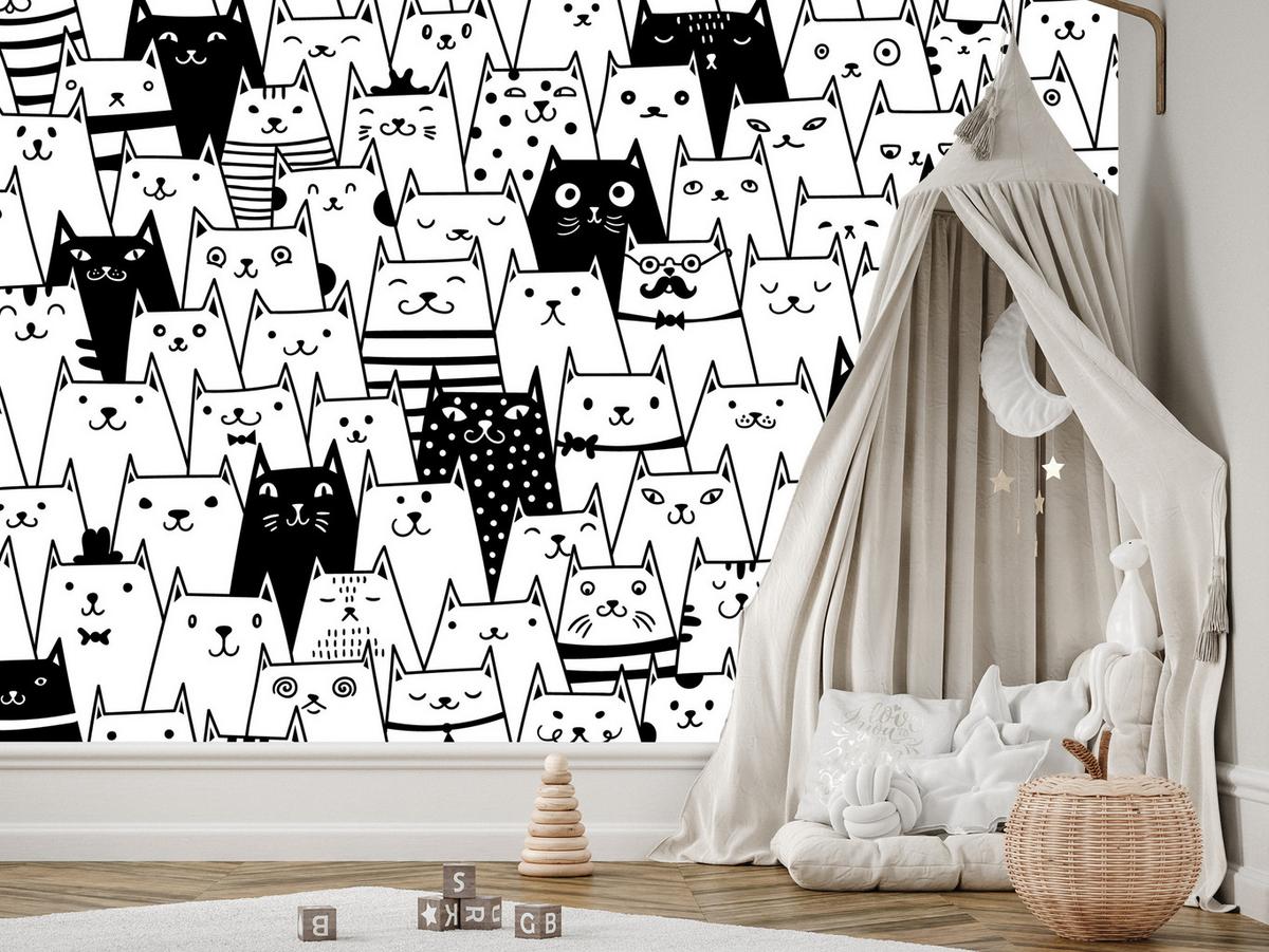 FOTOTAPETE für Kinderzimmer Schwarze Weiße Comic Katzen 100x70 - Schwarz/Weiß, Papier (100/70cm) - Muralo