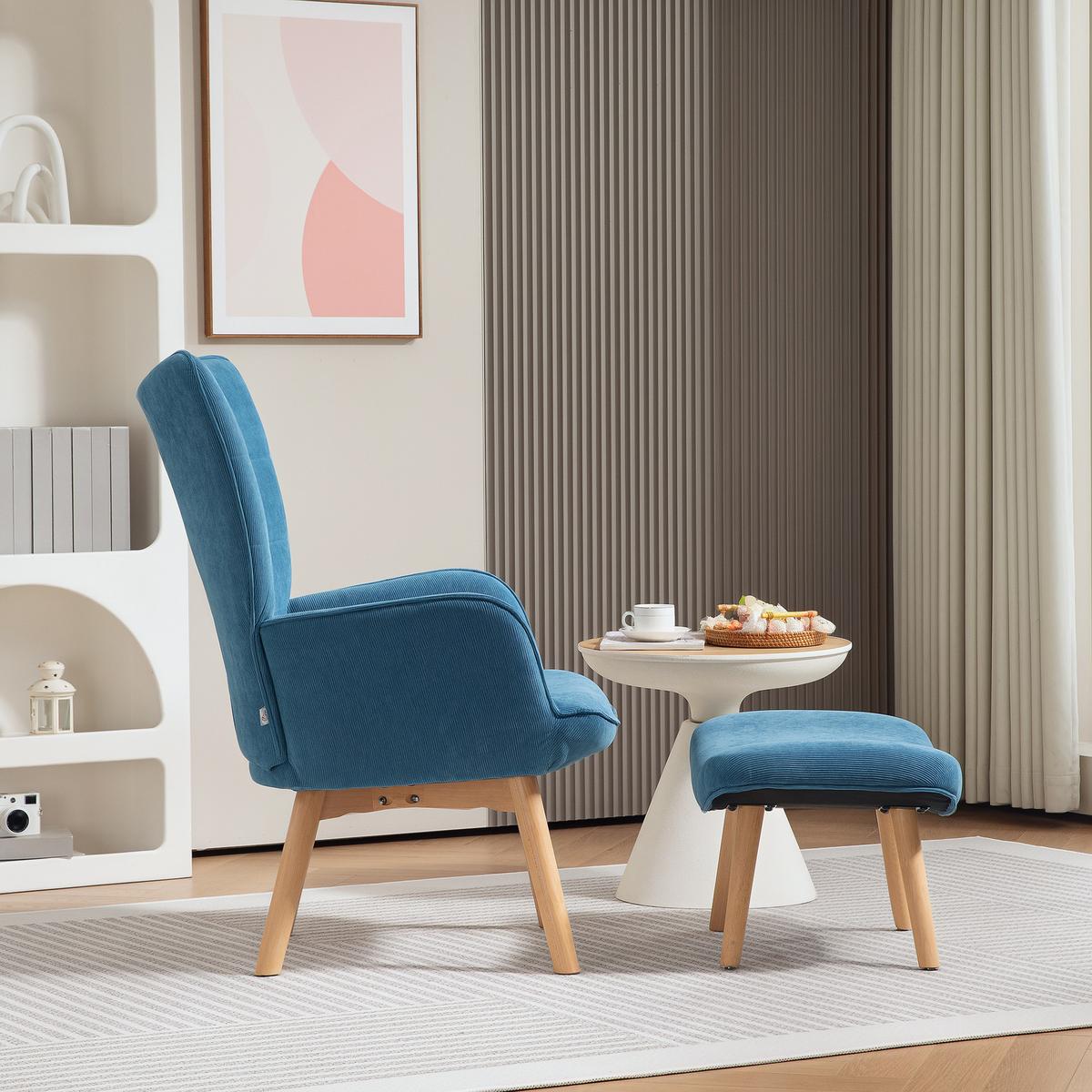 SESSEL mit Hocker, Ohrensessel mit Hoher Rückenlehne, Holzbeine, Cord, Blau - Blau/Buchefarben, Buchenholz/Textil (80/101/72cm) - HOMCOM