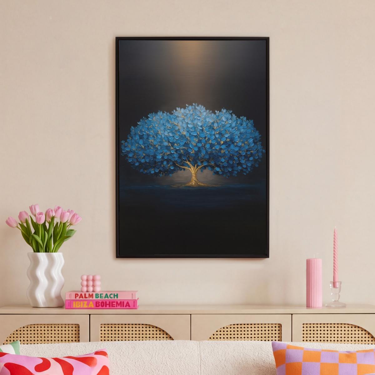 LEINWAND Bilder mit Rahmen - Baum - Blau - Blätter - Pinselstriche - 60x90 - Blau, Textil (60/90cm) - MuchoWow
