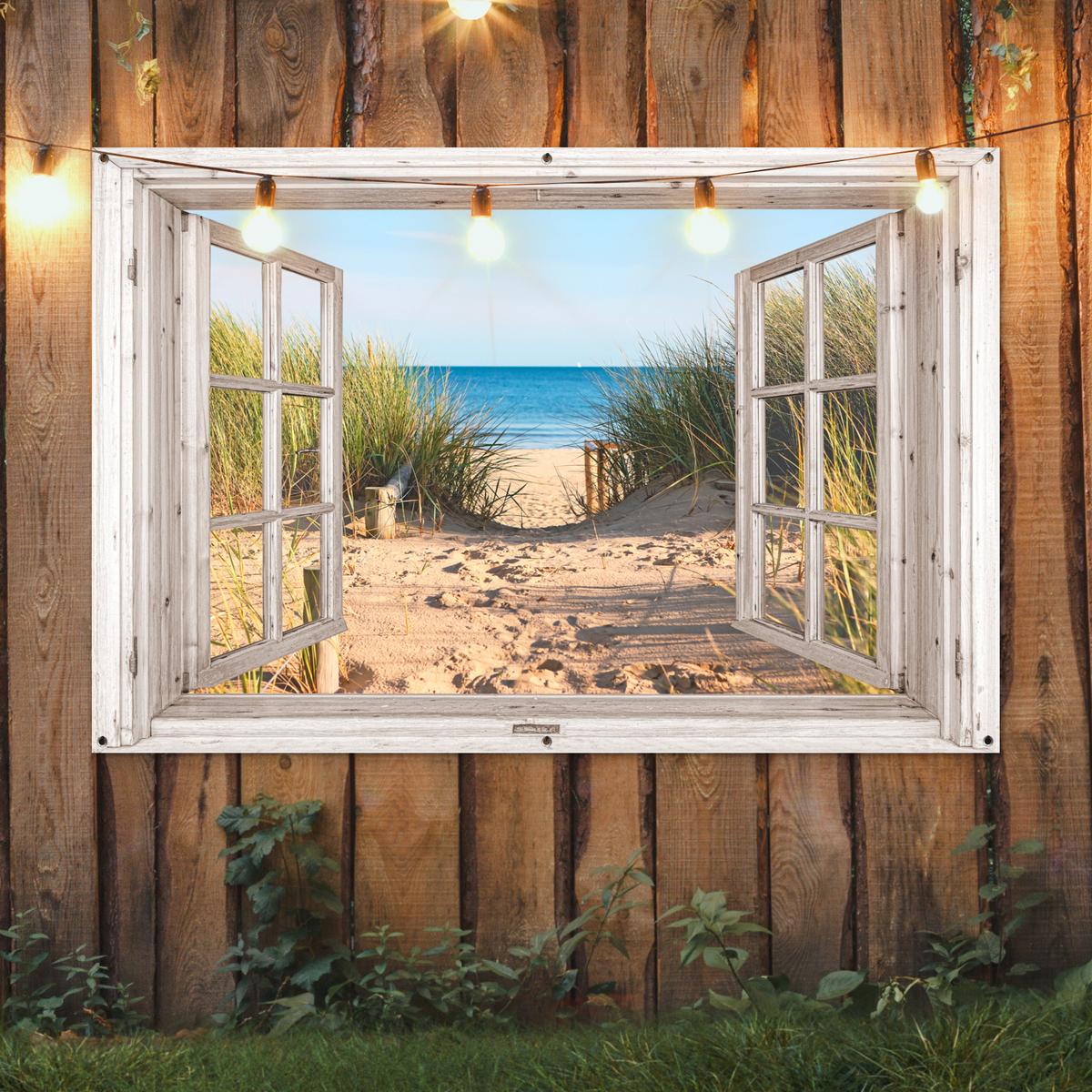GARTENPOSTER Durchblick - Strand - Meer - Dünen - Sand - Wasser - Hochgras Poster für draußen 180x120 cm - Sandfarben, Kunststoff (180/120/0.2cm) - OnlyWow