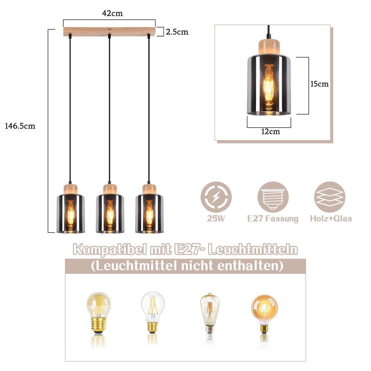PENDELLEUCHTE Rynnf 42/12/146.5 cm - Hellbraun, Glas/Holz (42/12/146.5cm) - ZMH