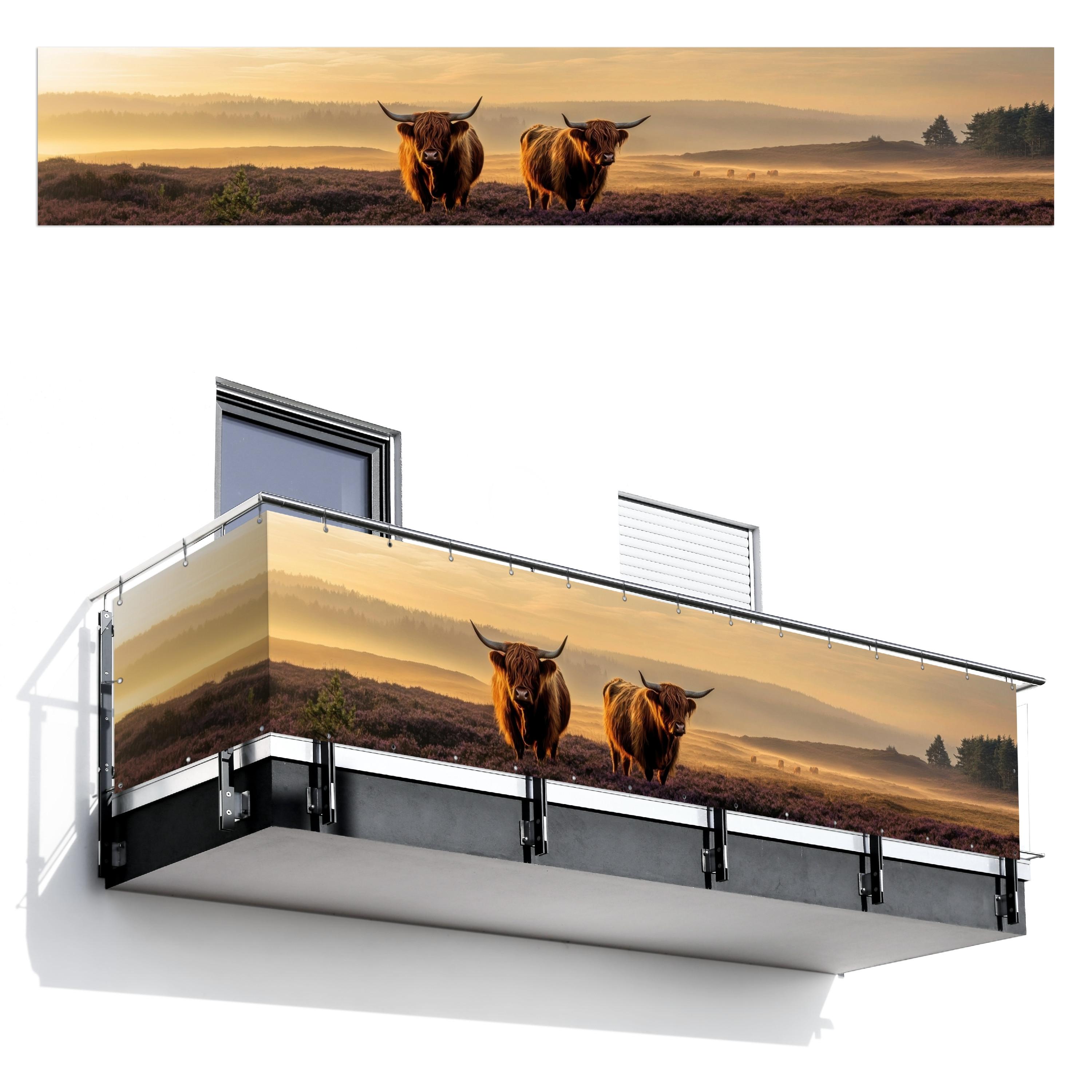 BALKON-SICHTSCHUTZ Schottische Hochlandbewohner - Heide - Landschaft - Tiere Groß 500x90 cm - Cognac, Kunststoff (500/90cm) - MuchoWow