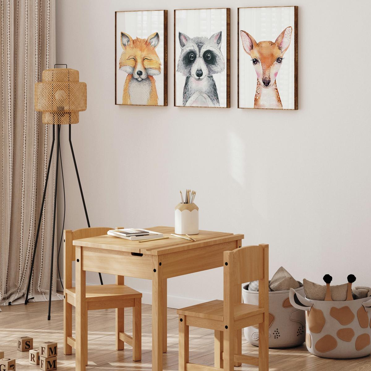 POSTER SET ohne Rahmen für Kinderzimmer WALDTIERE Fuchs Waschbär Reh A3 30x42cm - Beige/Orange, Papier (30/42/1cm) - Muralo