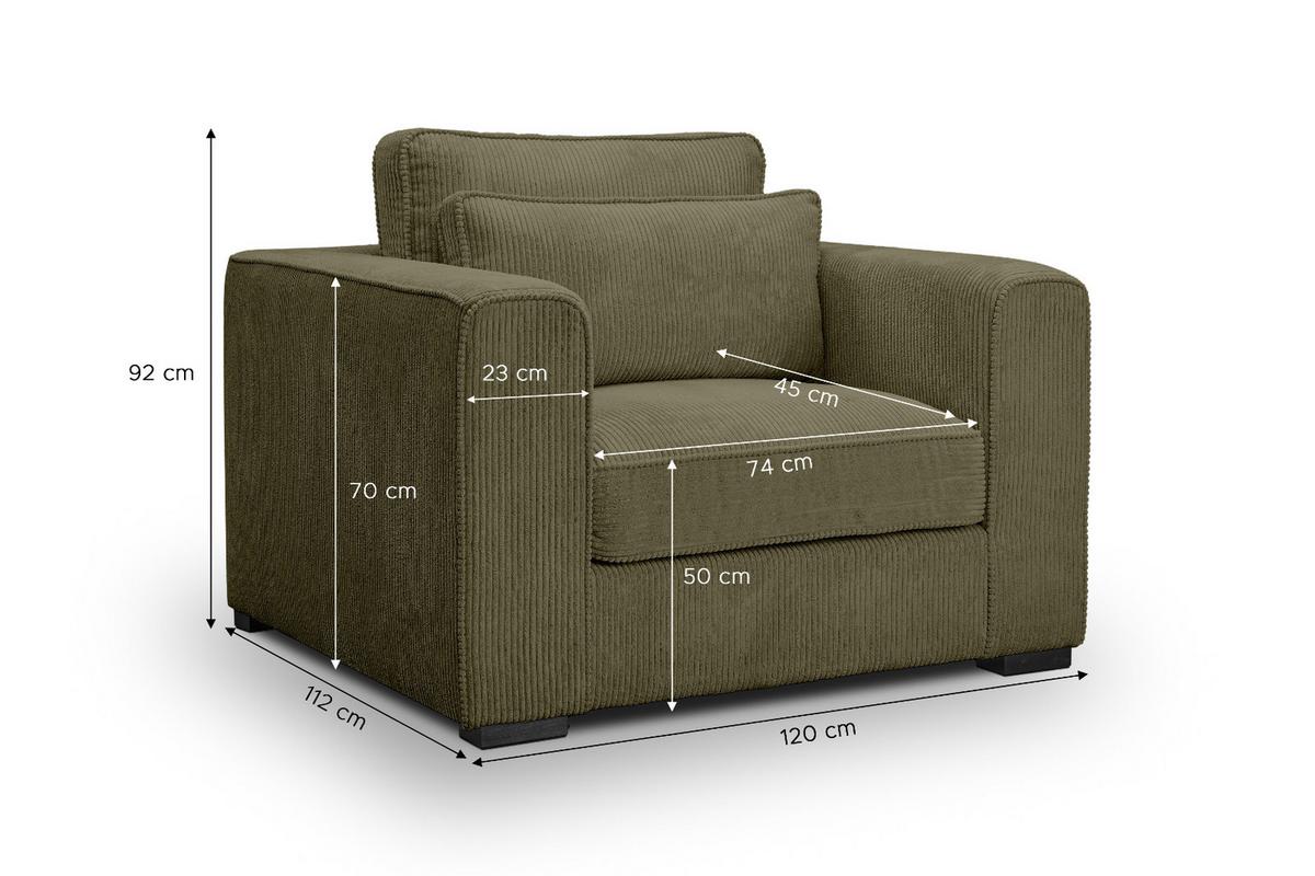SESSEL khaki Cord, Loungesessel 120 cm, Wohnzimmersessel mit Wellenfederung - Dunkelgrün/Schwarz, Holzwerkstoff/Kunststoff (120/92/112cm) - Inn.Furn