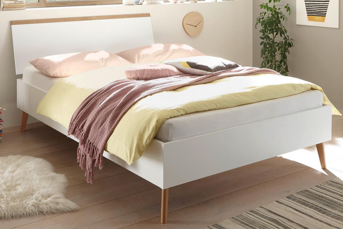 BETT weiß, Eiche Riviera, Einzelbett skandinavisch, Liegefläche 140 x 200 cm - Eichefarben/Weiß, Holzwerkstoff (140/200cm) - Furn.Design