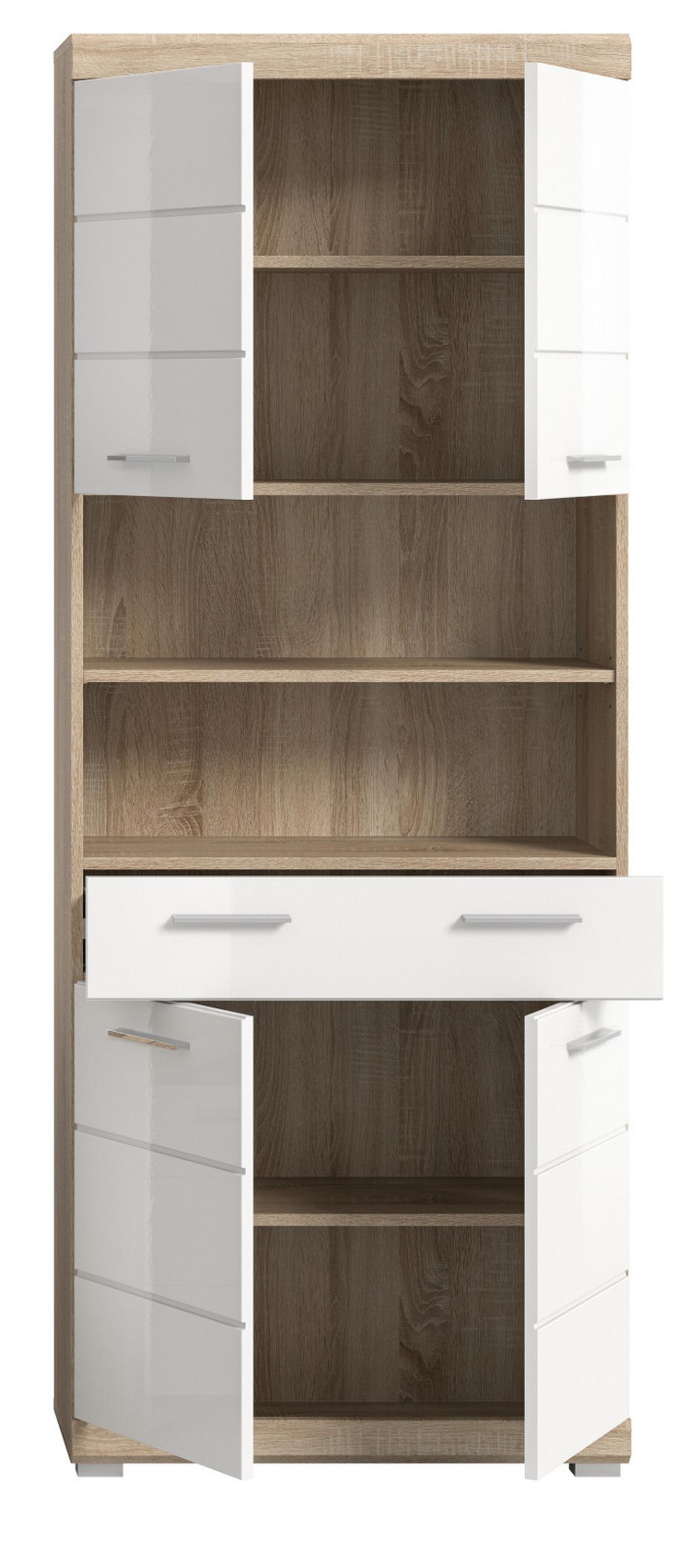 HOCHSCHRANK weiß Hochglanz, Eiche 74 x 191 cm, Badschrank mit viel Stauraum - Weiß Hochglanz/Eichefarben, Holzwerkstoff/Kunststoff (74/191/31cm) - Inn.Furn