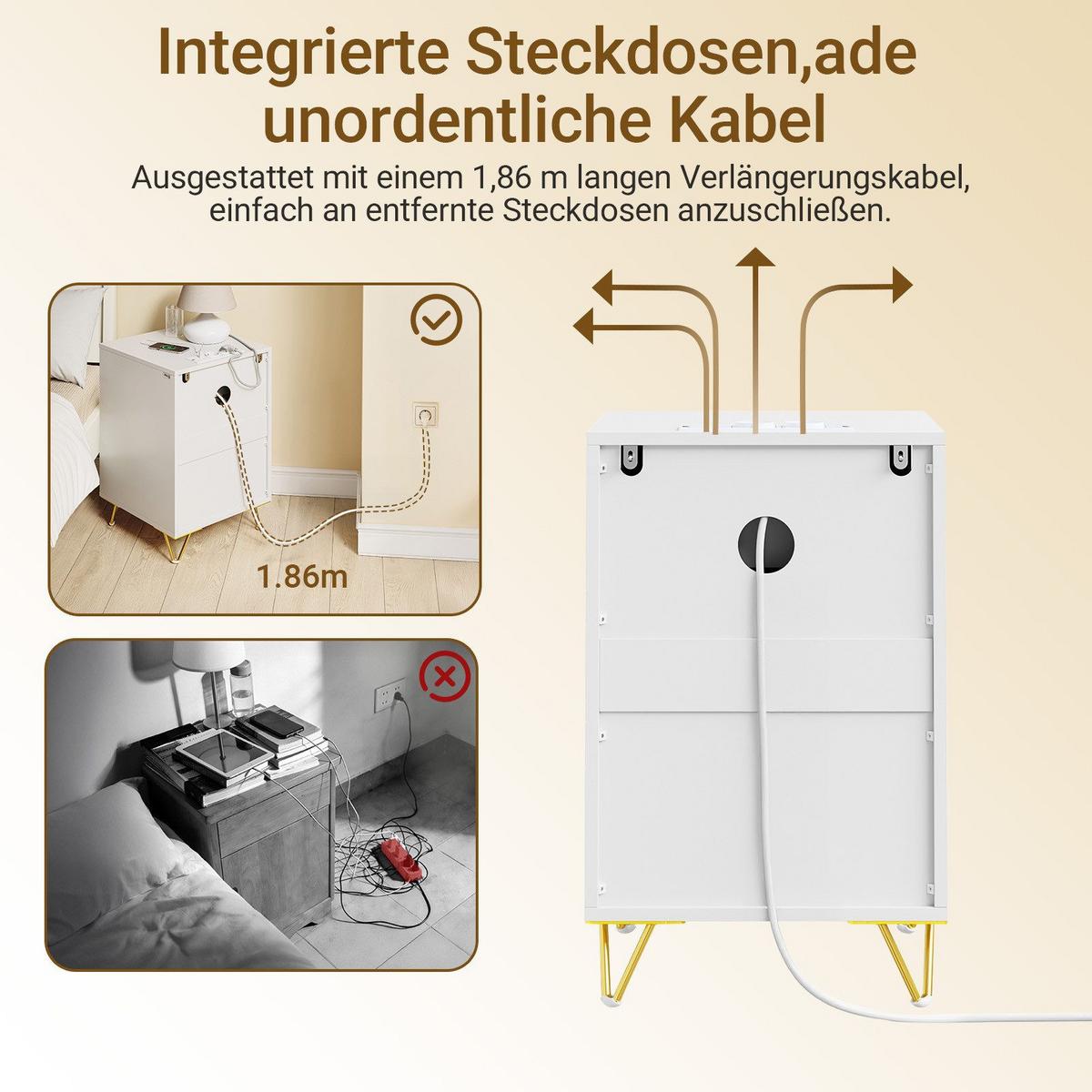 NACHTTISCH mit Ladefunktion und 3 schubladen, weiß 40x40x63,5cm - Weiß, Holzwerkstoff (40/64/40cm) - SoBuy