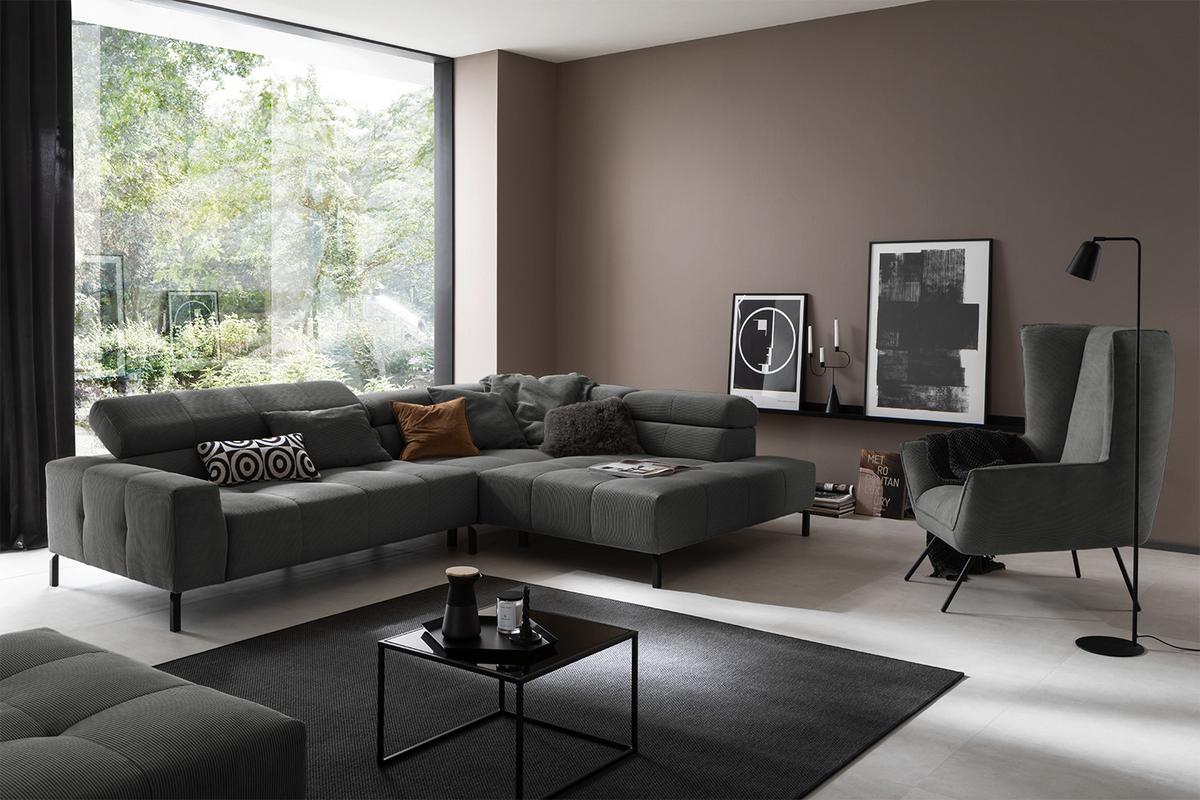 ECKSOFA MIT MOTORISCHEM SITZVORZUG OHIO Anthrazit Cord Relaxfunktion - Anthrazit/Schwarz, Textil/Metall (311/219cm) - KAWOLA