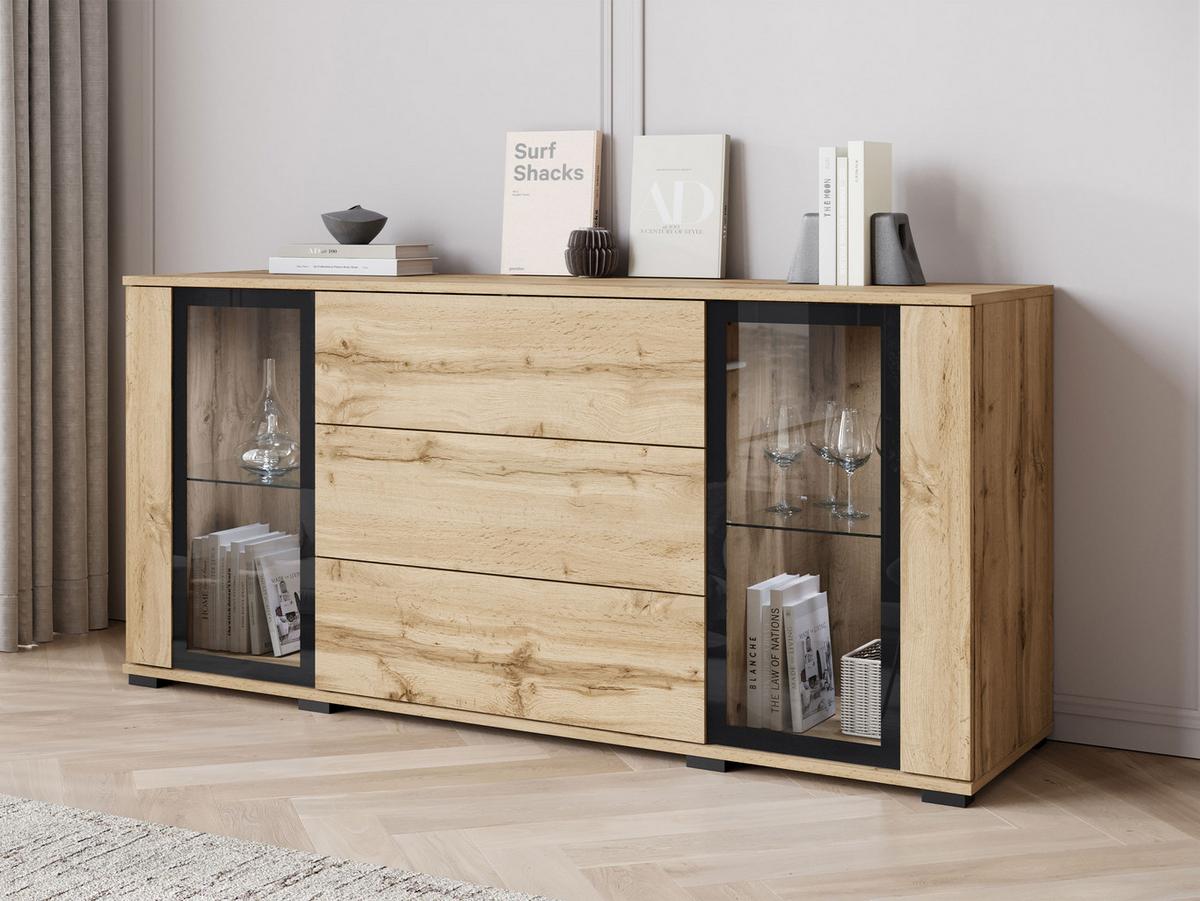 SIDEBOARD Caro SB 150 2D3S mit weißer LED Beleuchtung - Eiche Wotan/Schwarz, Holzwerkstoff/Kunststoff (150/70/40cm) - MIRJAN24
