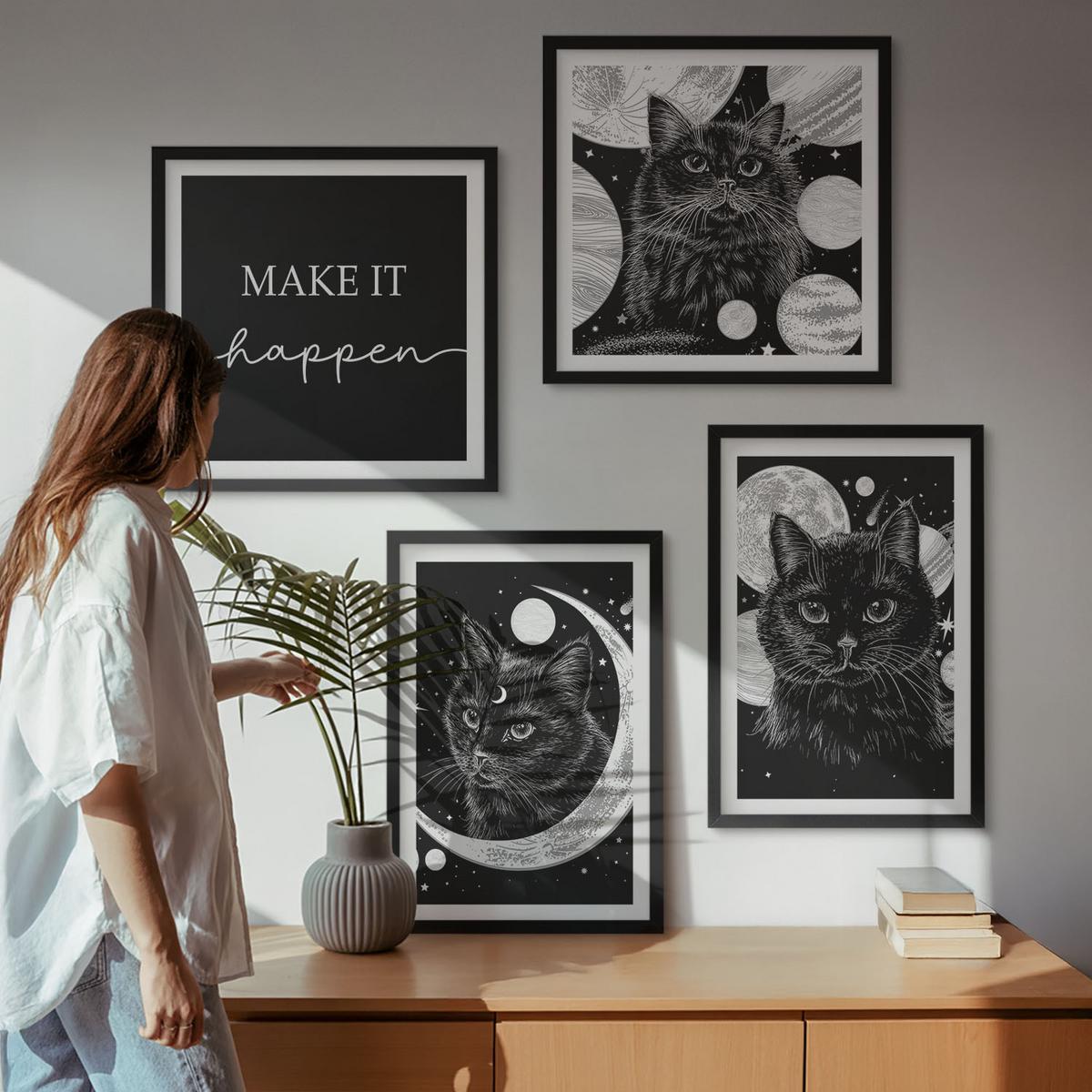 BILDER SET 4er Set - 50x50 cm & 40x60 cm Schwarzer Rahmen - Schwarze Katzen, Mond, Planet - Schwarz, Kunststoff (50/50cm) - TULUP