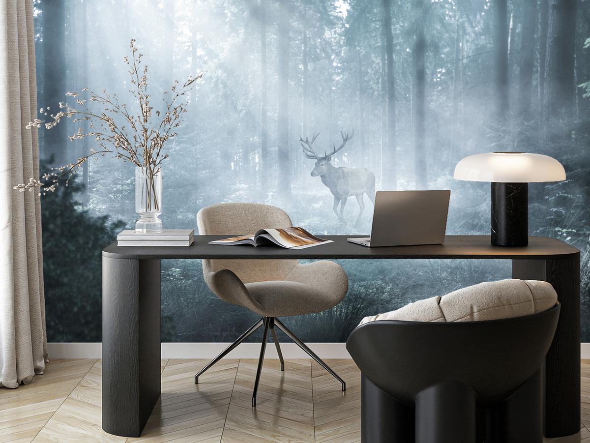 FOTOTAPETE für Wohnzimmer Hirsch Nebelwald Bäume Pflanzen 350x256 - Weiß/Grau, Papier (350/256cm) - Muralo