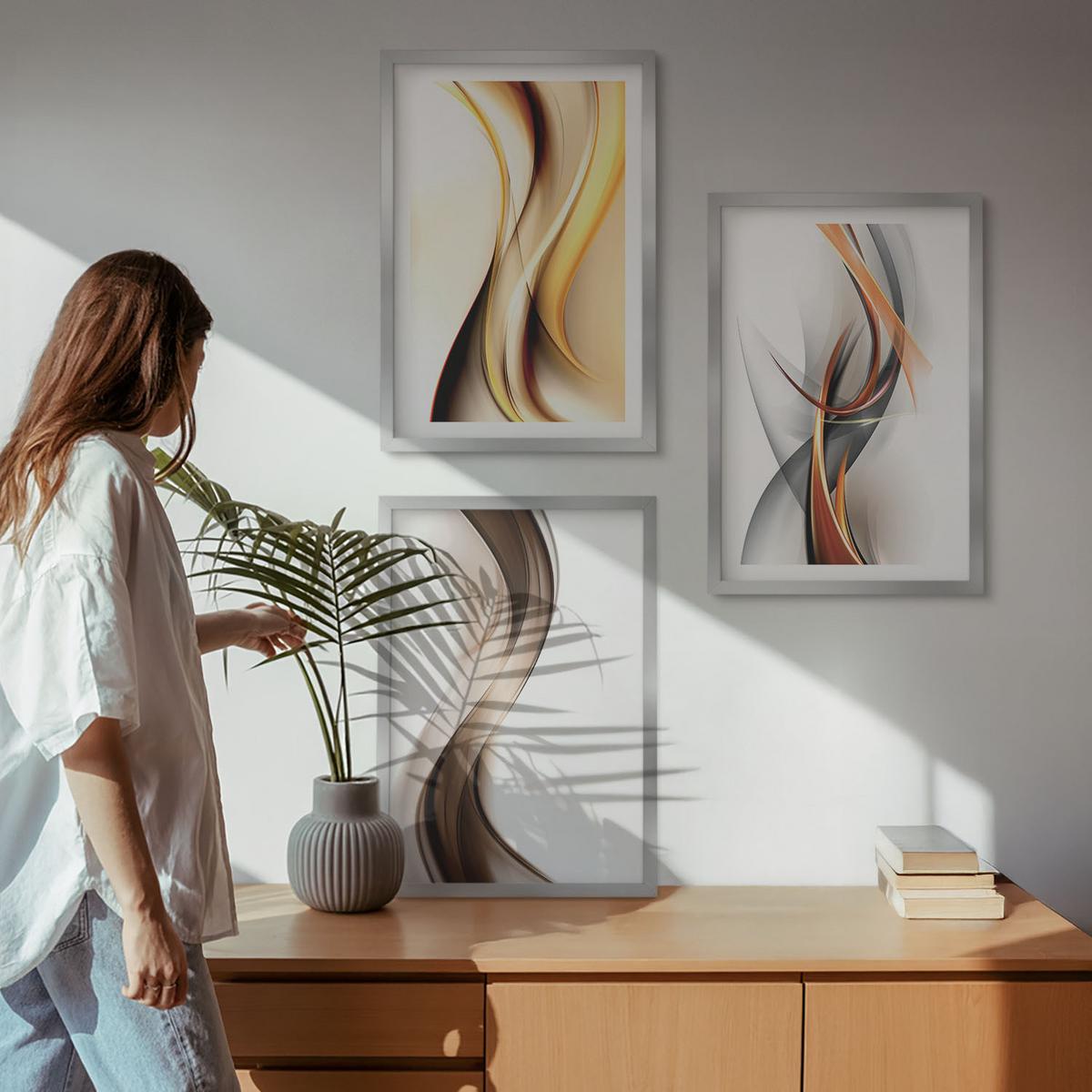 BILDER SET 3er Set - 40x60 cm Silberner Rahmen - Gelbgrau-braune Wellen - Silberfarben, Kunststoff (40/60cm) - TULUP