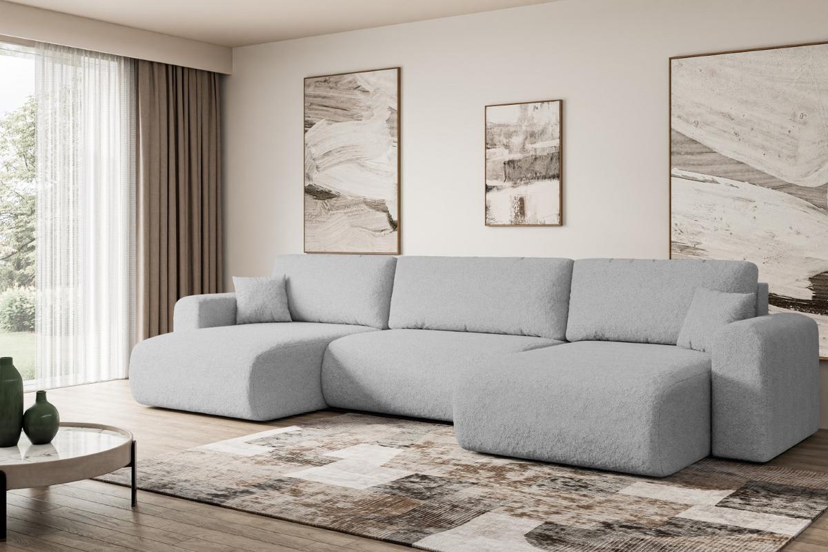 WOHNLANDSCHAFT mit Schlaffunktion und Bettkasten ORRO-U - 362x145x83 cm Hellgrau Bouclé - Hellgrau/Schwarz, Holzwerkstoff/Kunststoff (362/83/145cm) - ALTDECOR