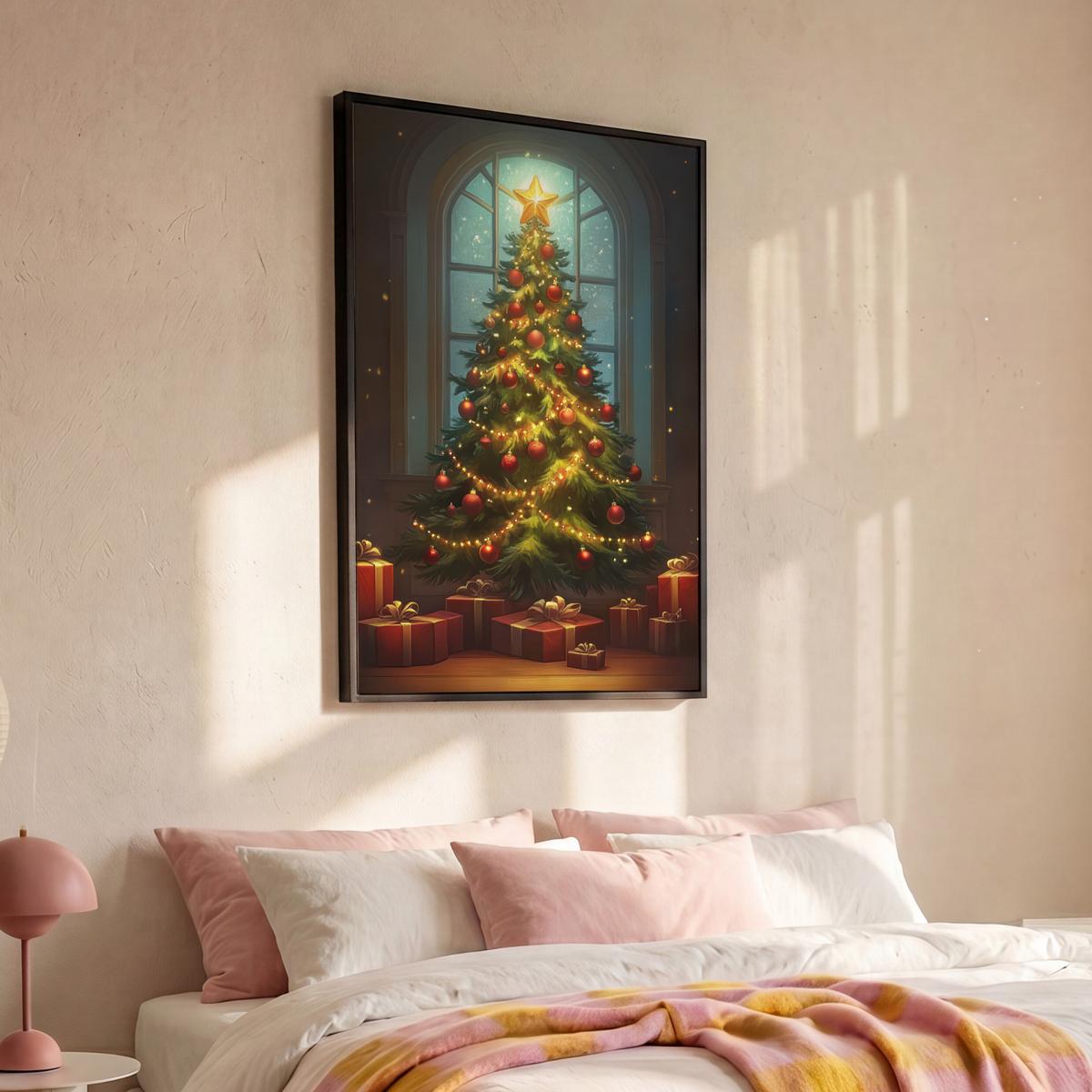LEINWAND Bilder mit Rahmen - Weihnachtsbaum - Geschenk - Winter - 100x150 - Grün, Textil (100/150cm) - MuchoWow