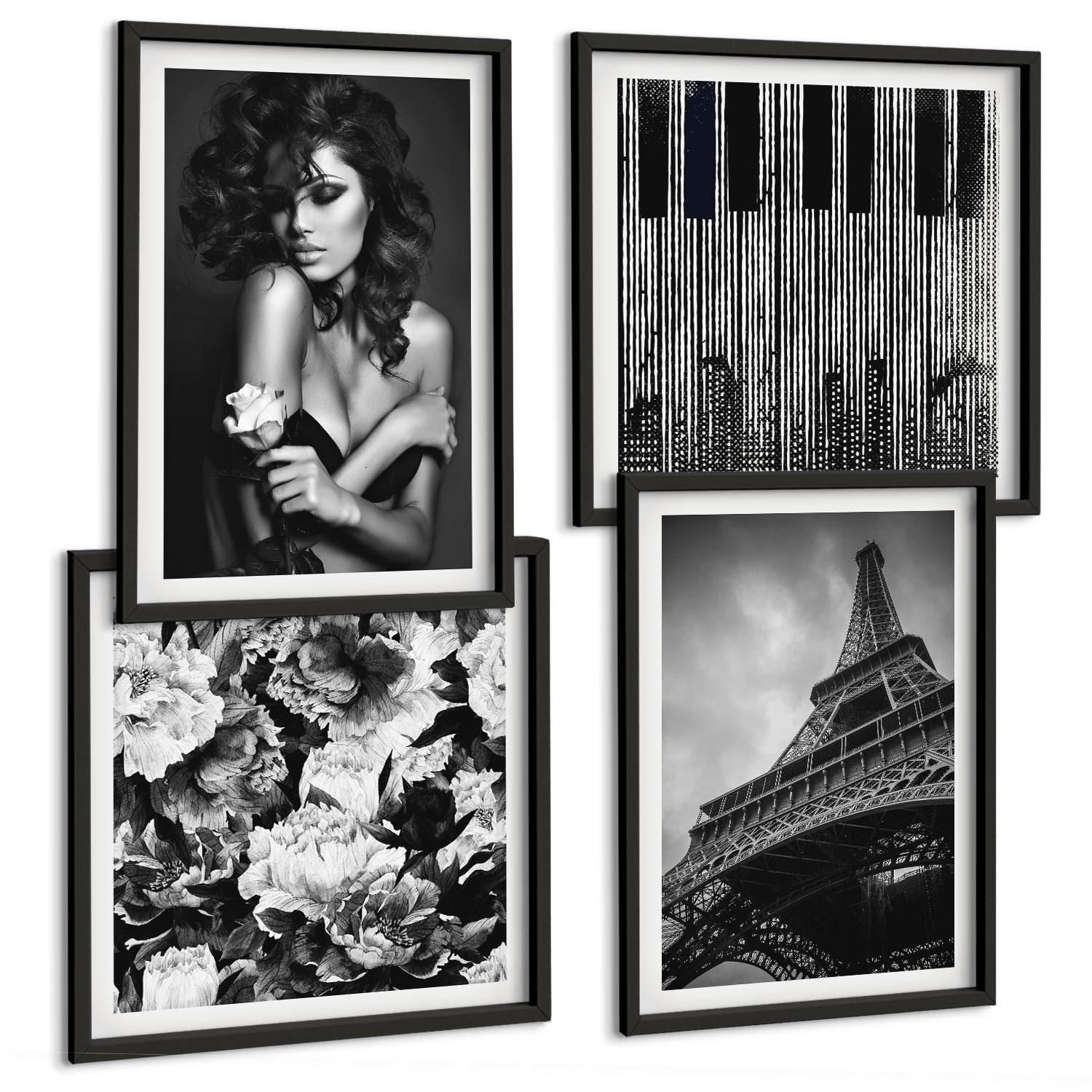 BILDER SET 4er Set - 50x50 cm & 40x60 cm Schwarzer Rahmen - Porträt einer Frau mit einer Eiffel-Rose - Schwarz, Kunststoff (50/50cm) - TULUP