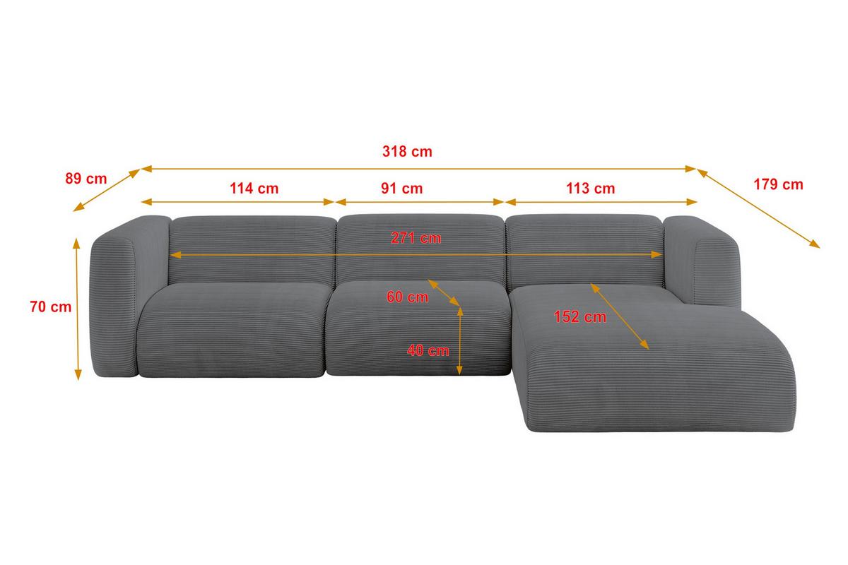 ECKSOFA Ottomane Rechts MIRA-L2 318x179x89 Dunkelgrau Cord - Dunkelgrau/Graphitfarben, Holzwerkstoff/Kunststoff (318/179cm) - ALTDECOR